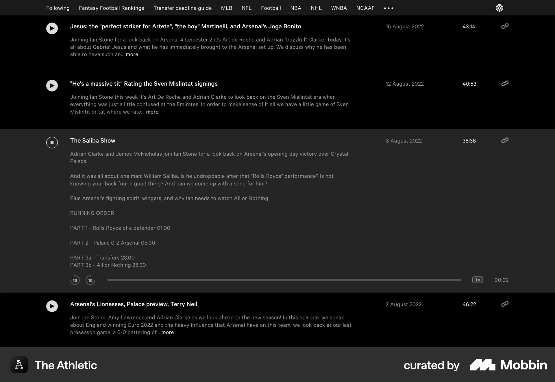The Athletic Web Song & Podcast Detail screen