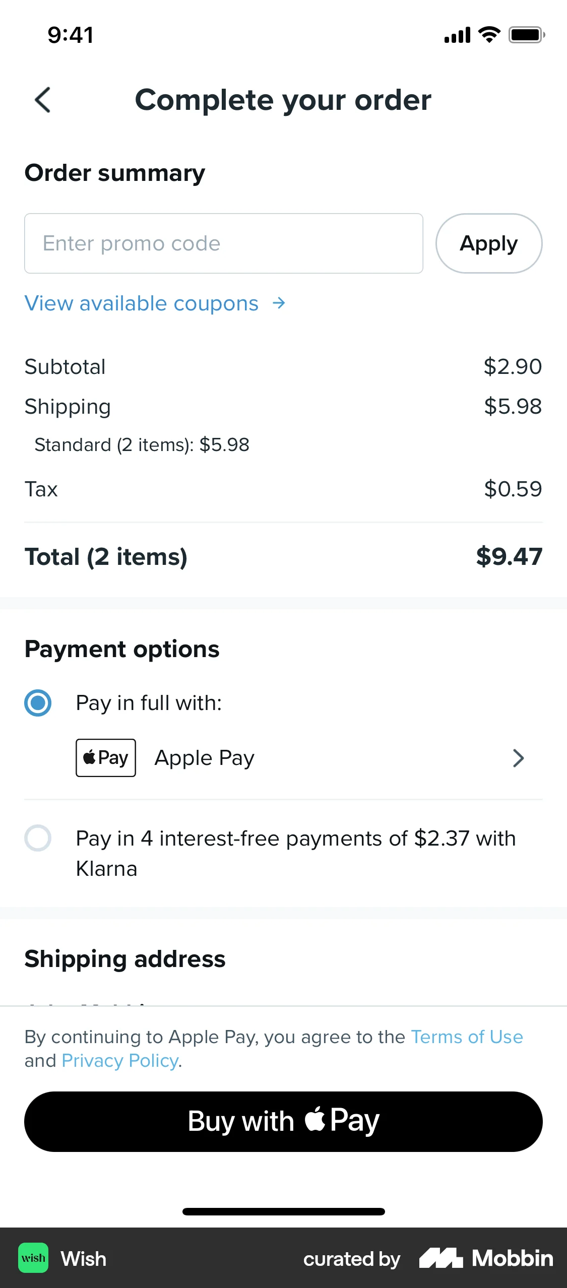 Wish iOS Checkout screen