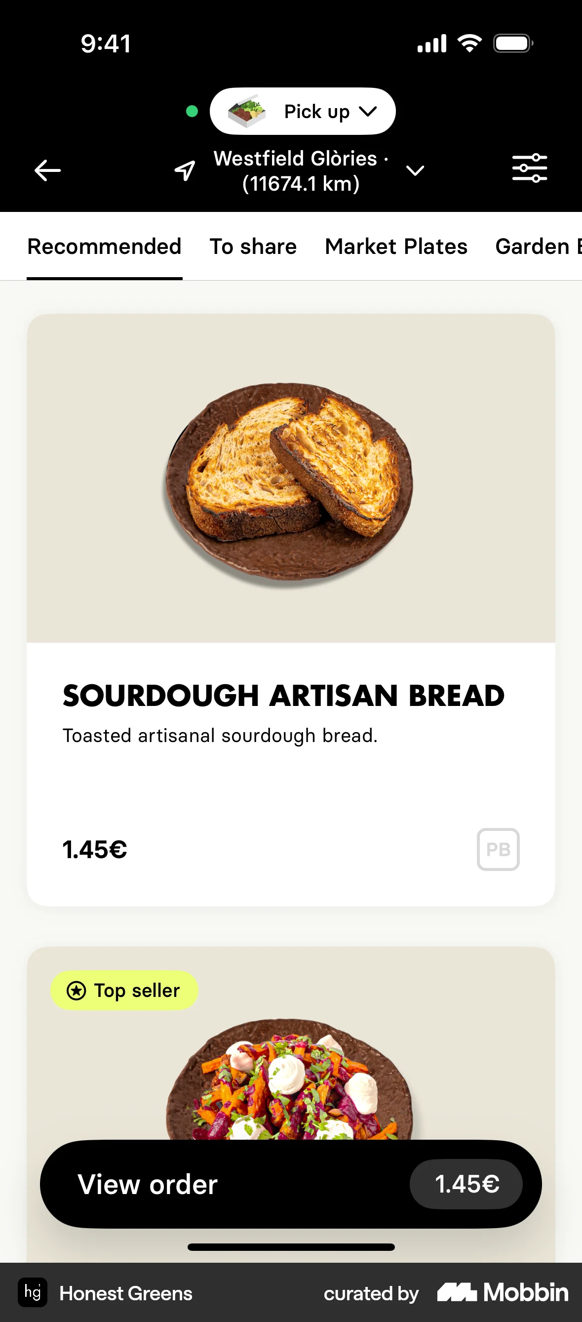 Honest Greens iOS screen containing Floating Action Button UI element