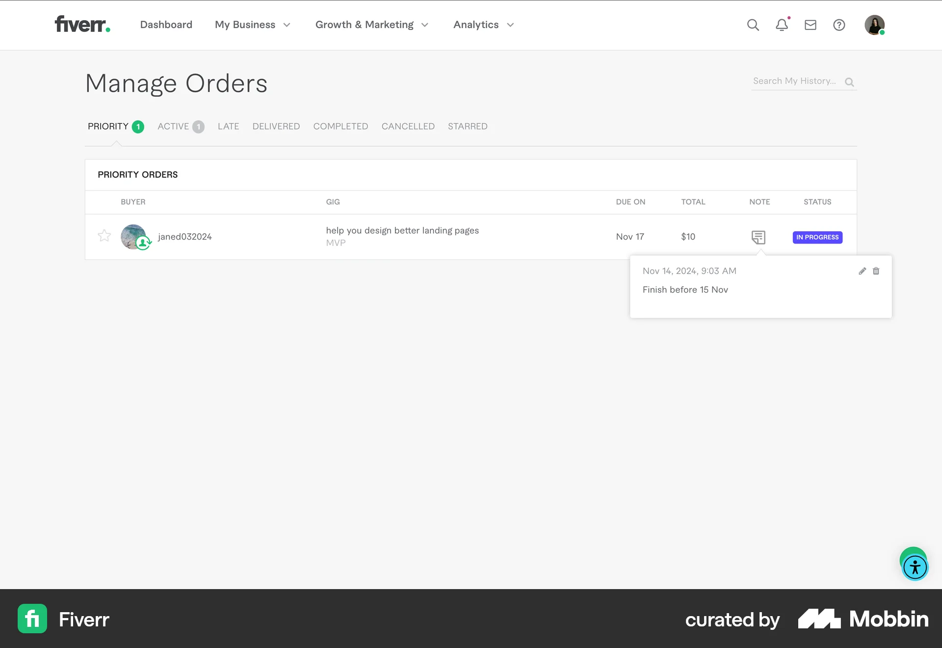 Fiverr Web Note Detail screen