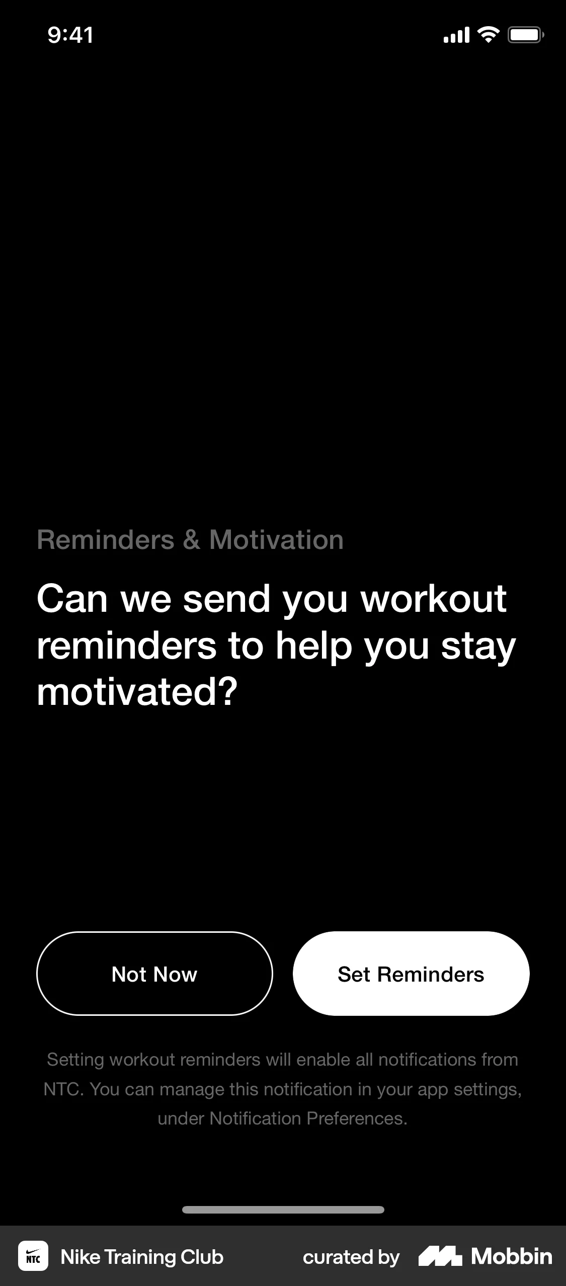 Nike Training Club iOS Reminder screen