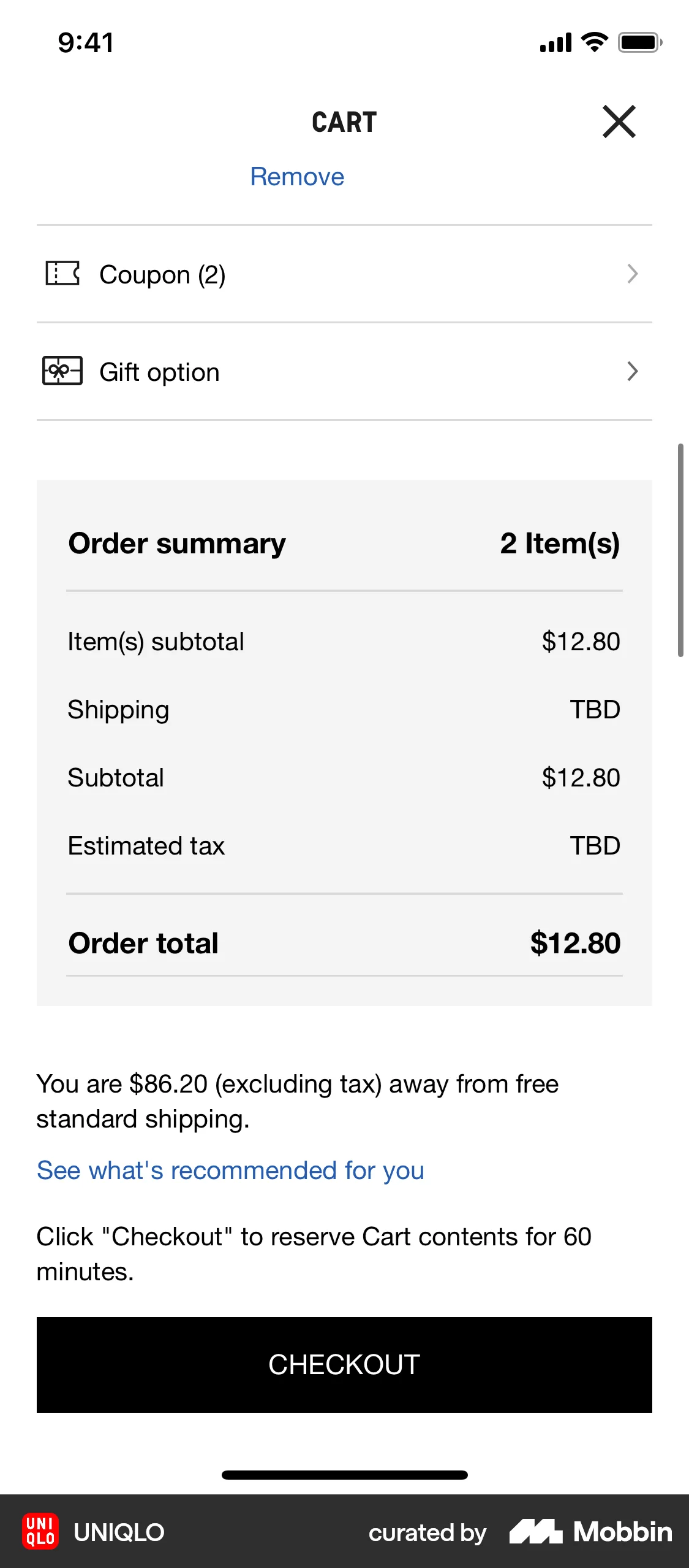 UNIQLO iOS Mobile Shopping Cart screen