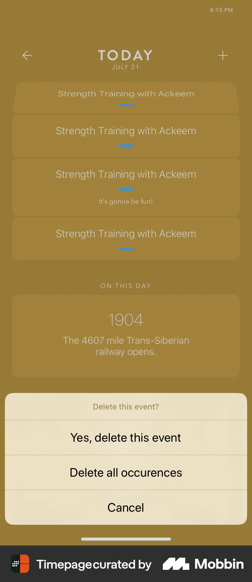 Timepage iOS screen containing Action Sheet UI element