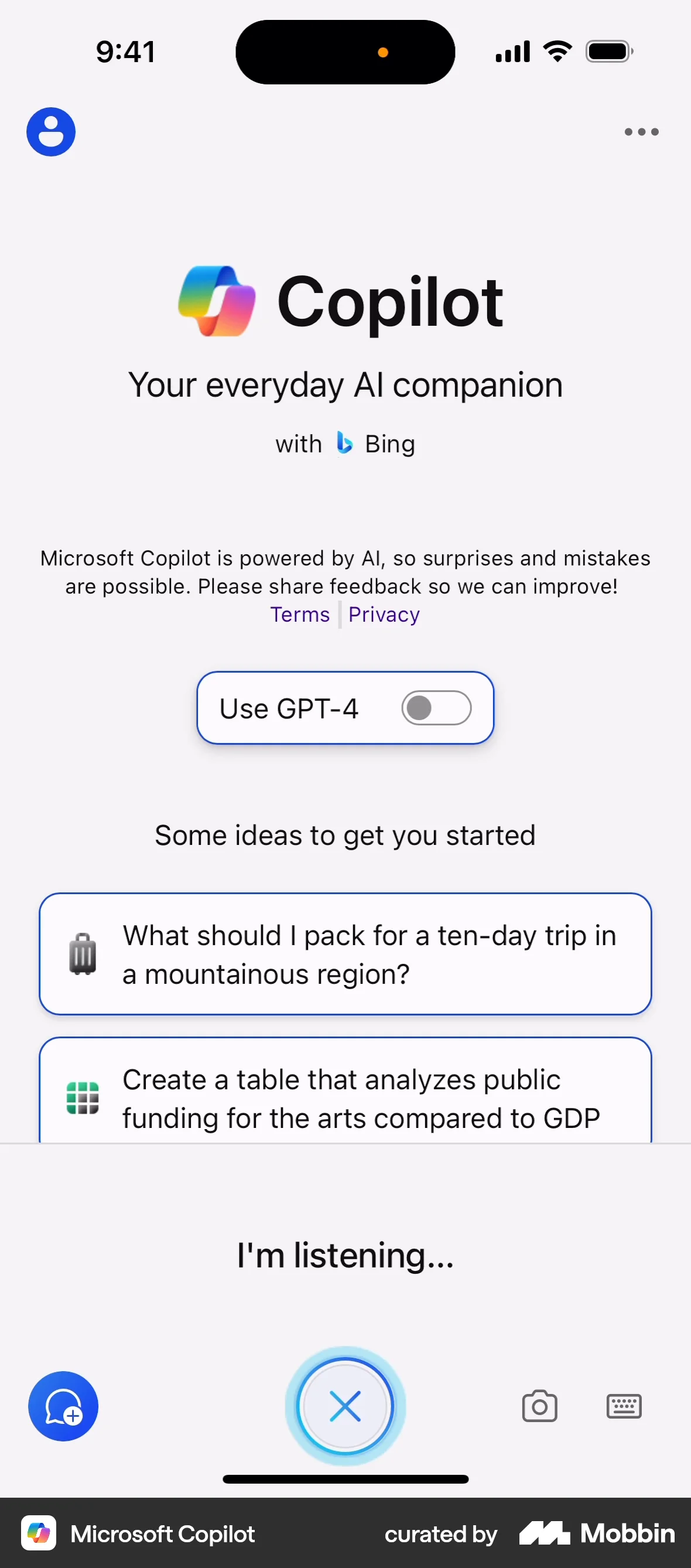 Microsoft Copilot iOS Audio & Video Recorder screen