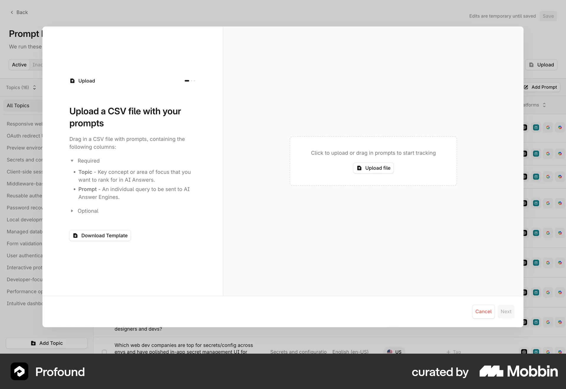 Profound Web screen containing File Upload UI element