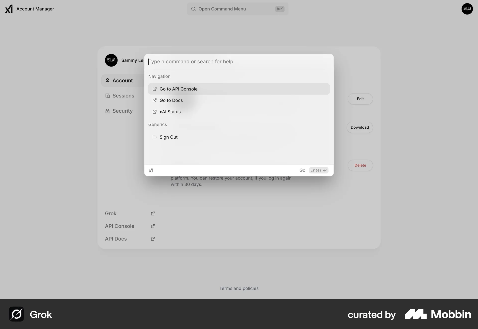 Grok Web Command Palette screen
