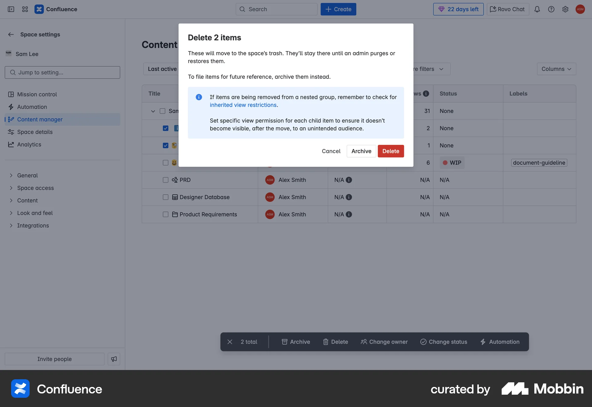 Confluence Web Delete screen