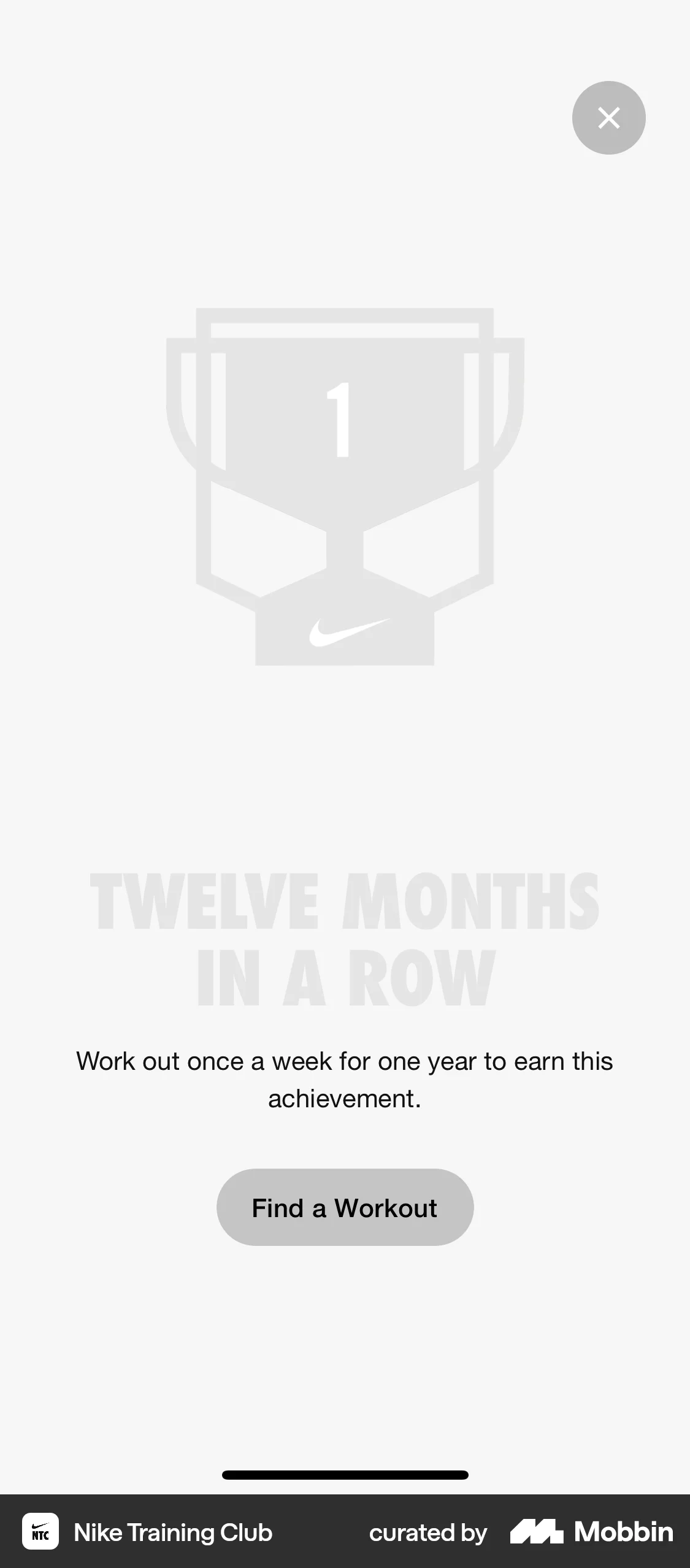 Nike Training Club iOS Achievements & Awards screen