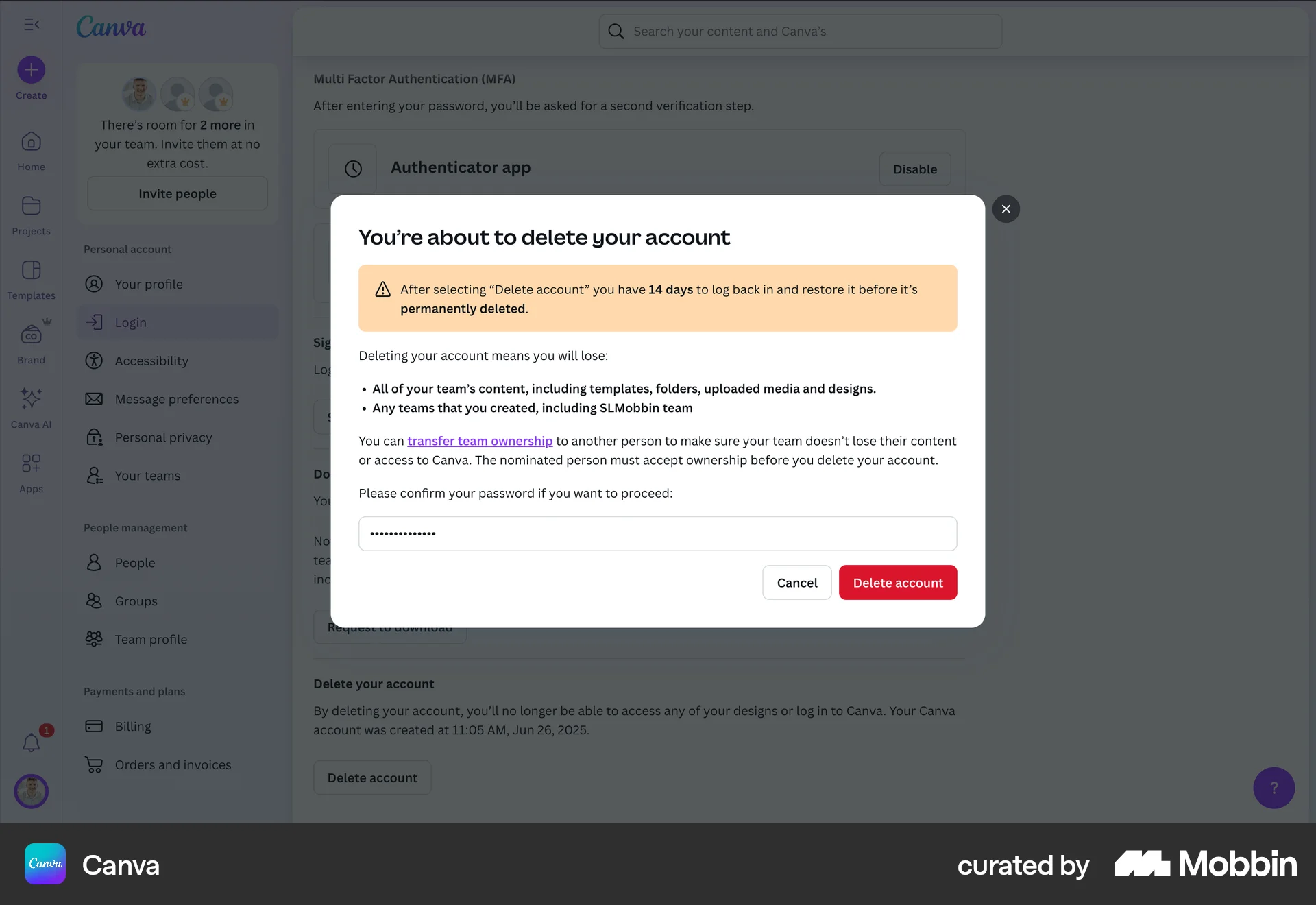 Canva Web Confirmation screen