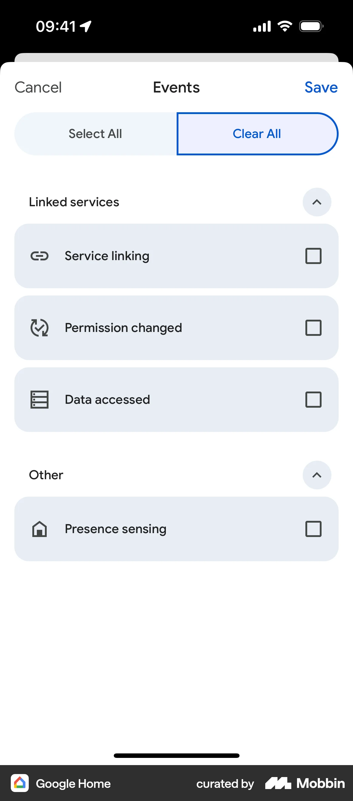 Google Home iOS screen containing Accordion UI element