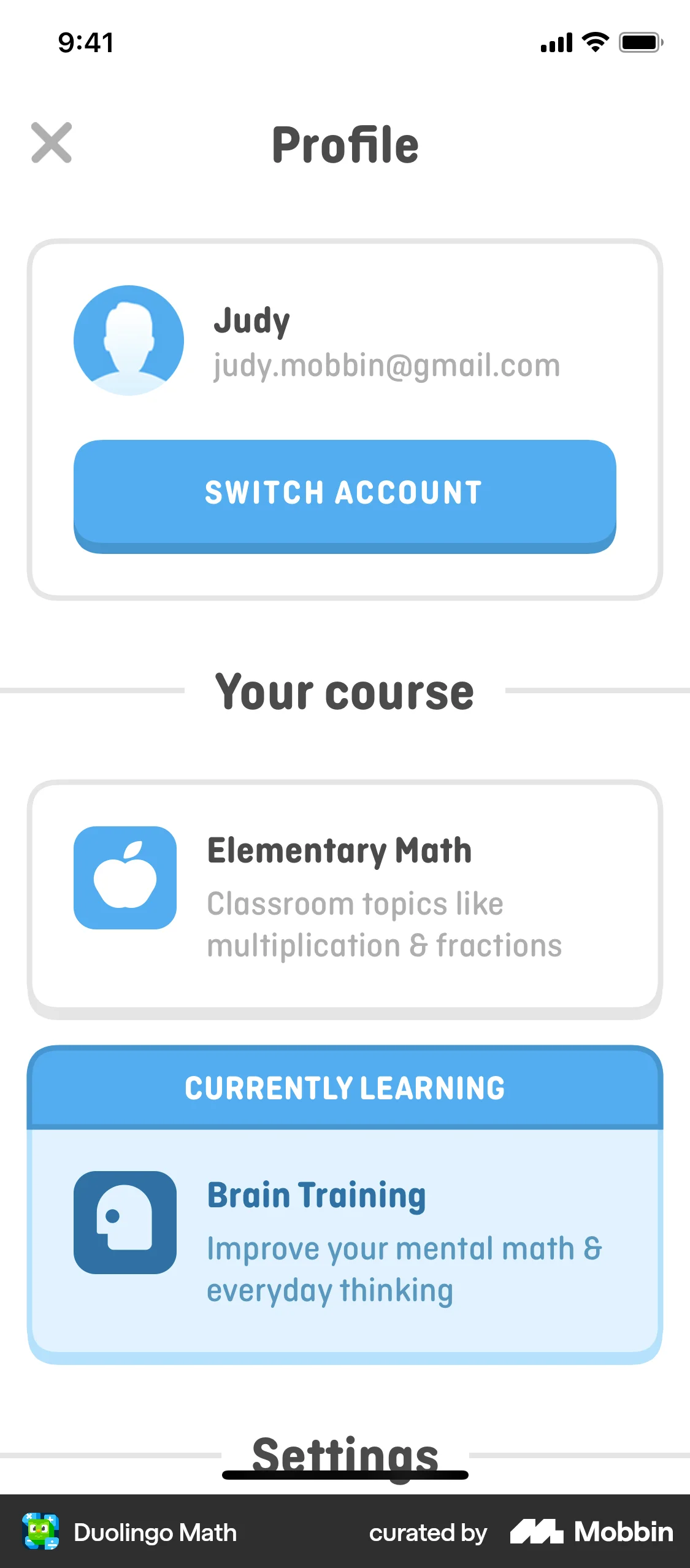 Duolingo Math iOS My Account & Profile screen