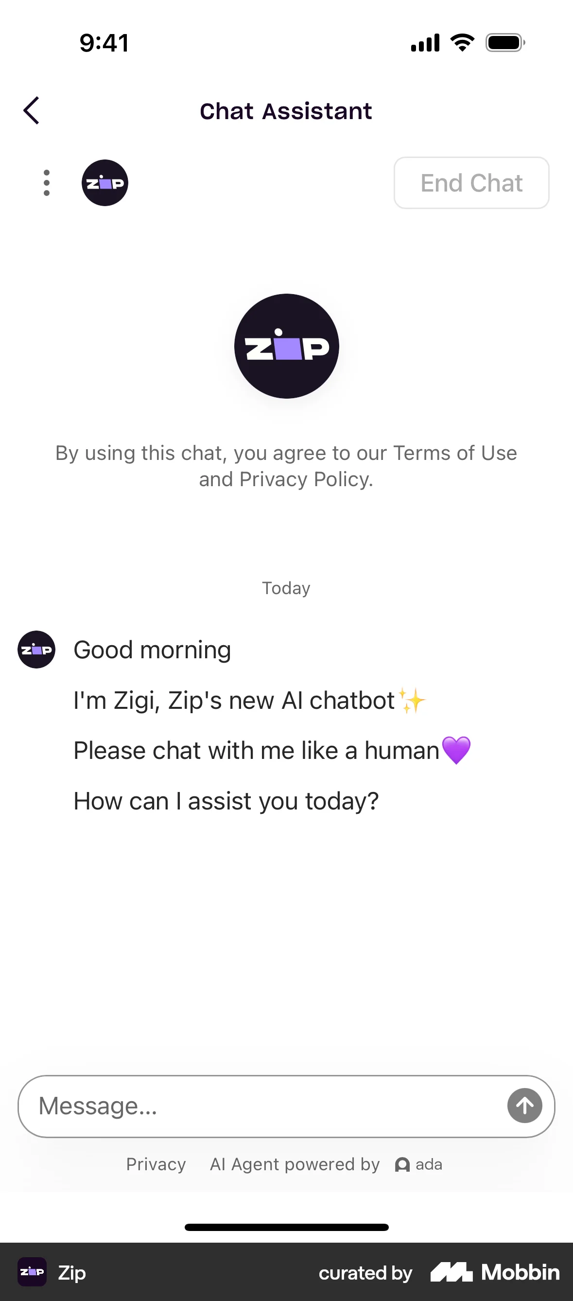 Zip iOS Chat Detail screen