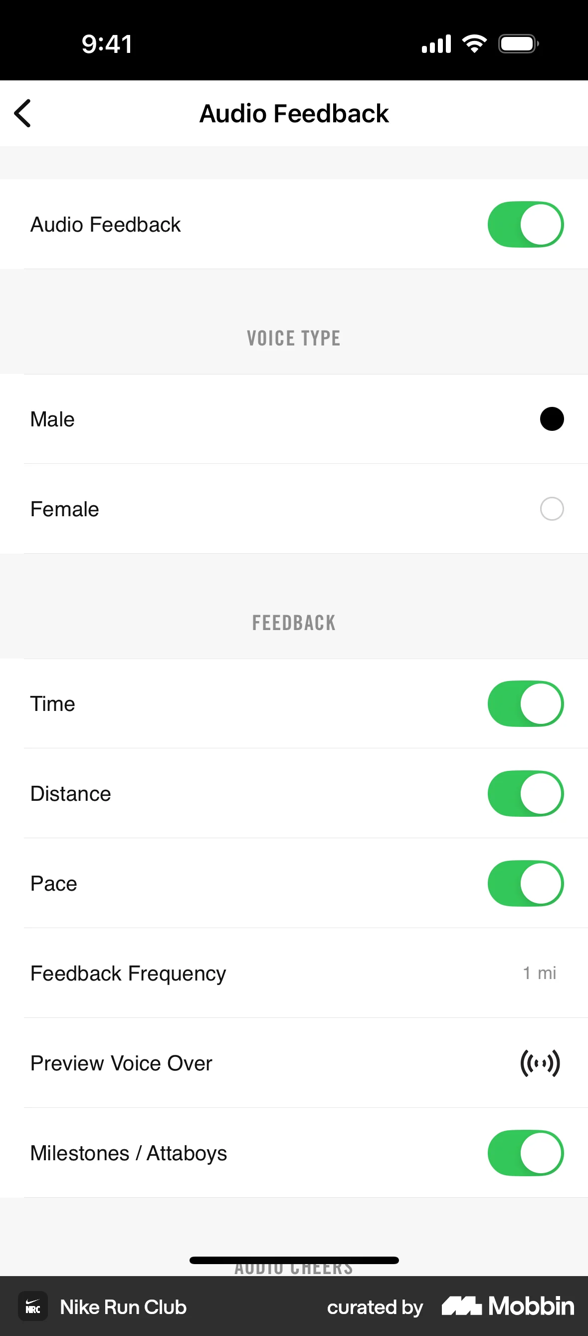 Nike Run Club iOS Voice UI screen