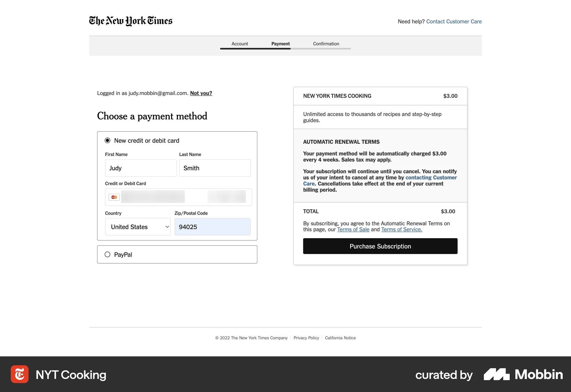 NYT Cooking Web Payment Method screen