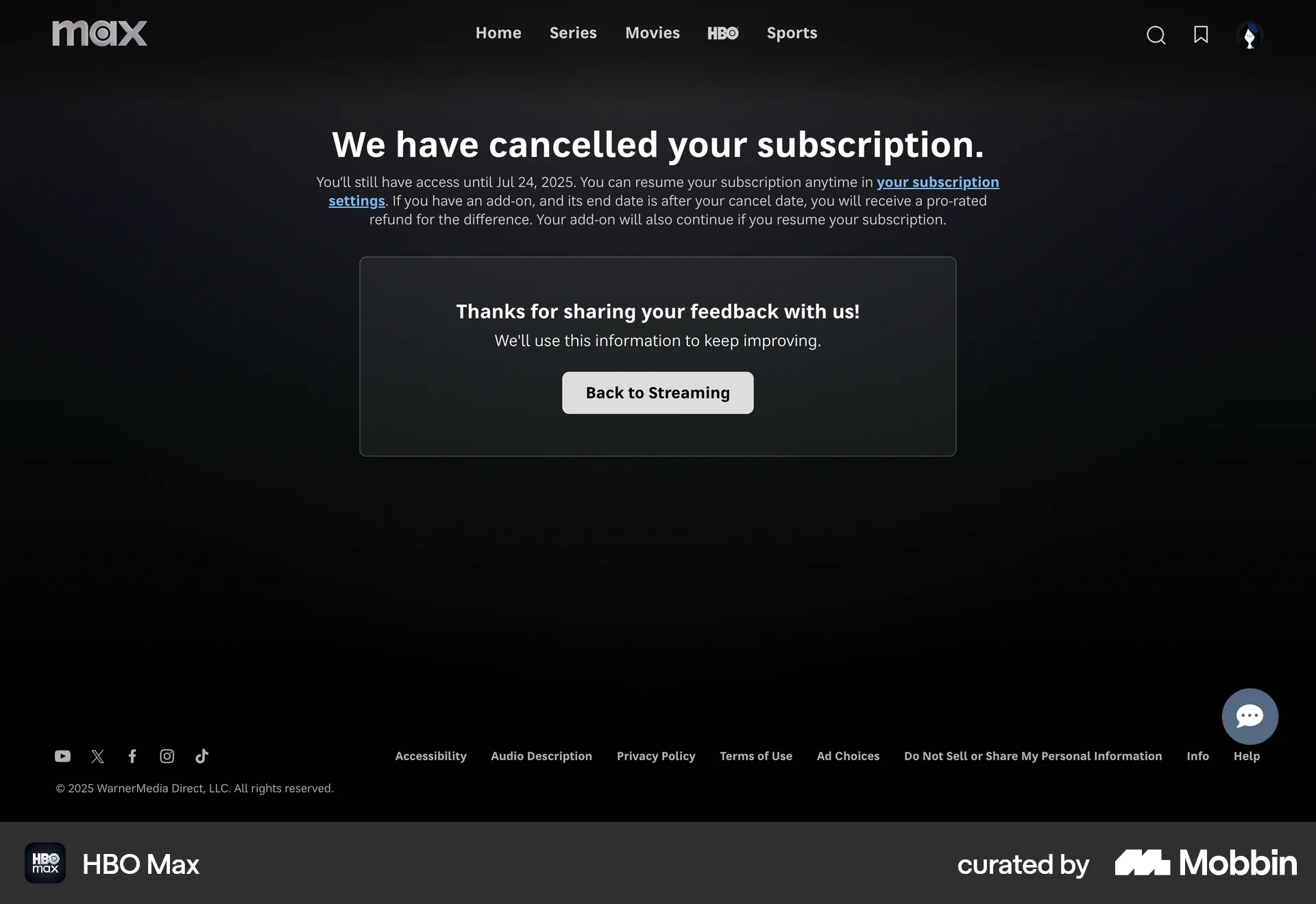 HBO Max Web Acknowledgement & Success screen