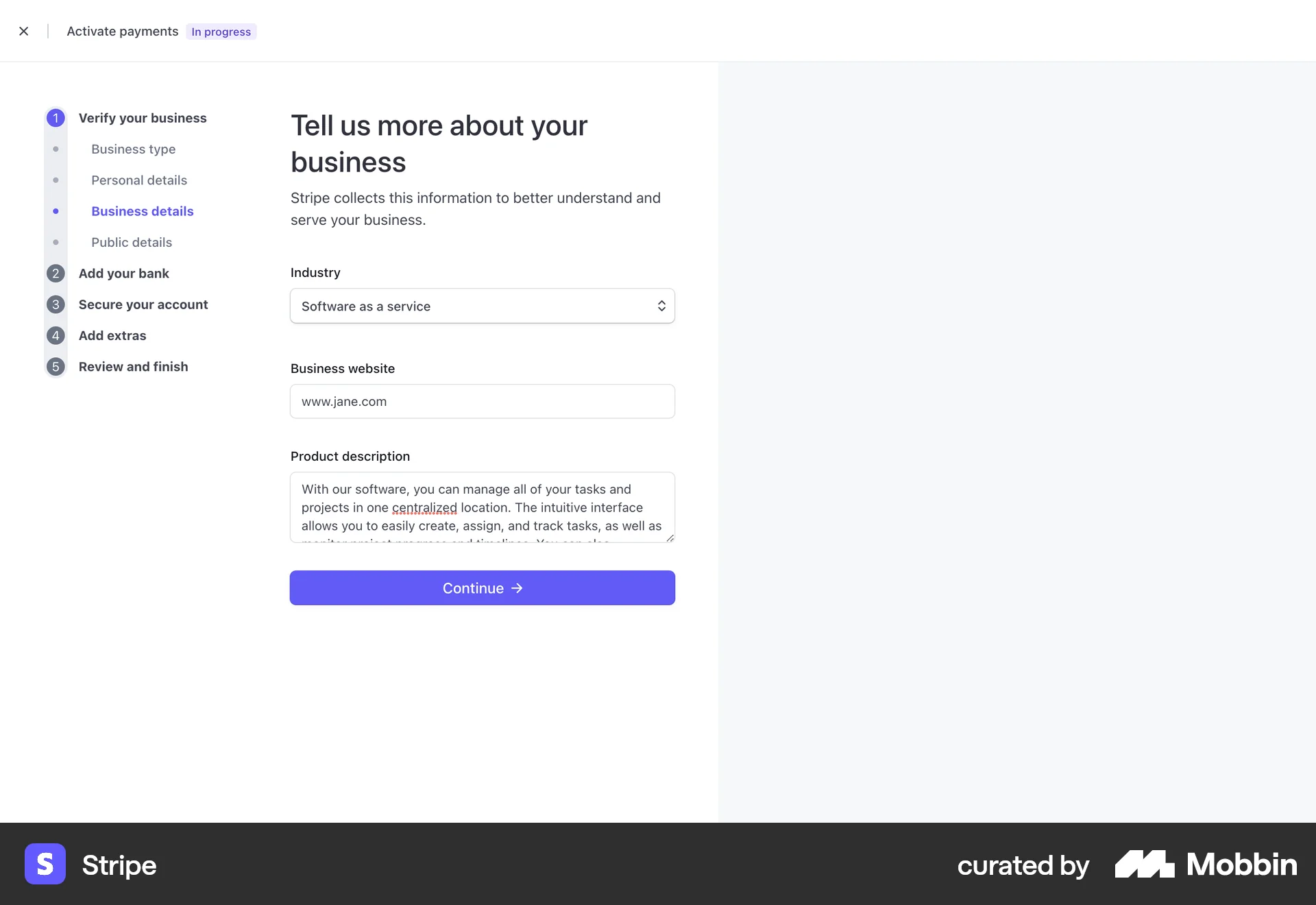 Stripe Web Account Setup screen