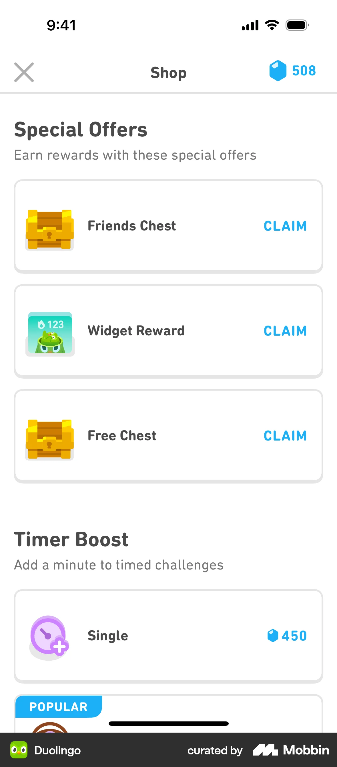 Duolingo iOS Promotions & Rewards screen