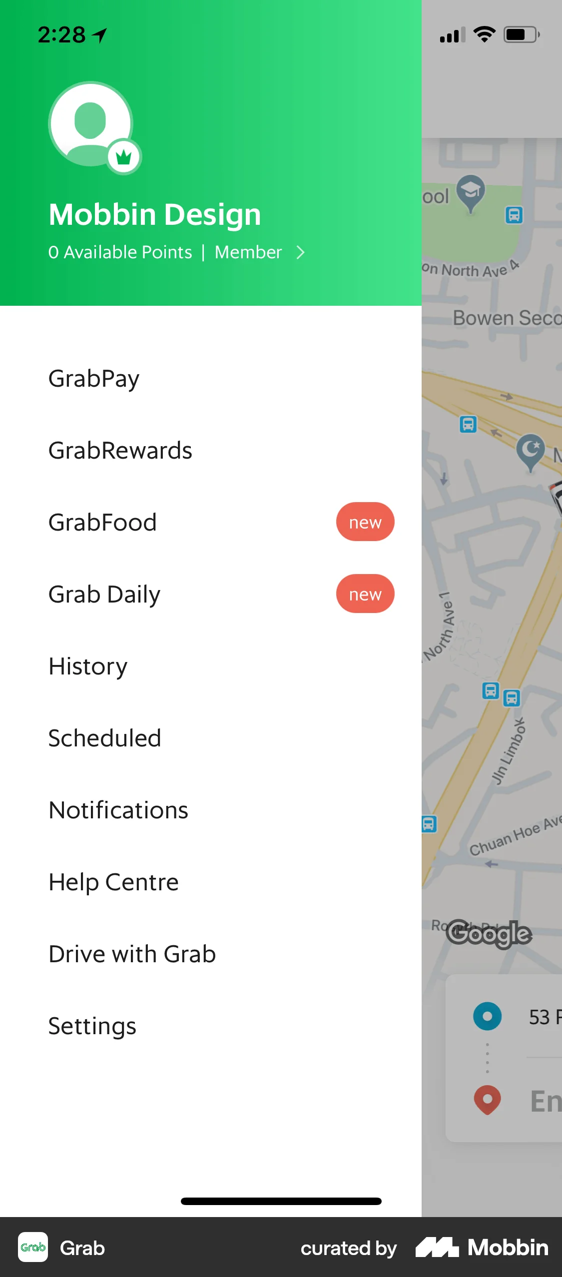 Grab iOS screen containing Side Navigation UI element