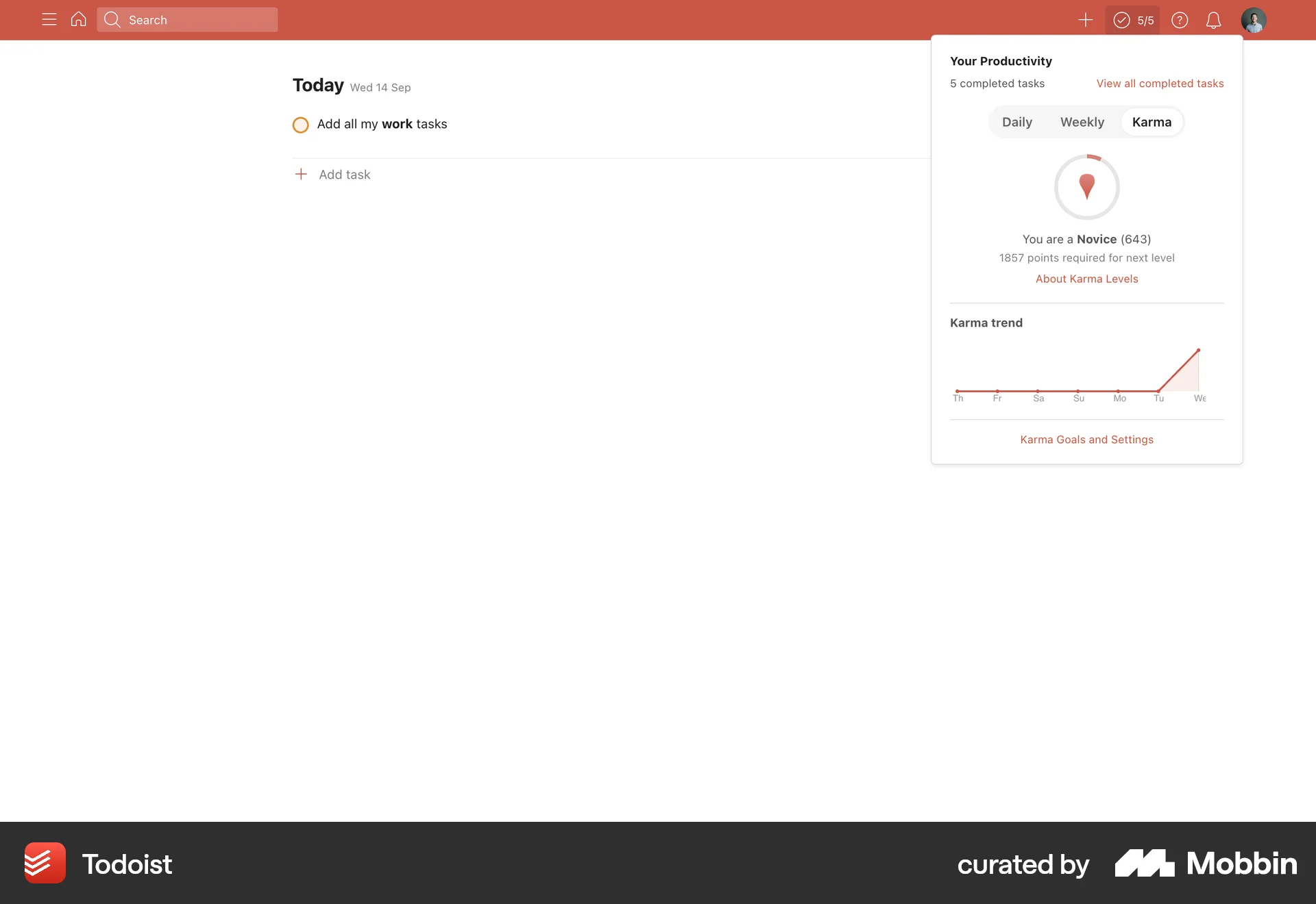 Todoist Web Achievements & Awards screen
