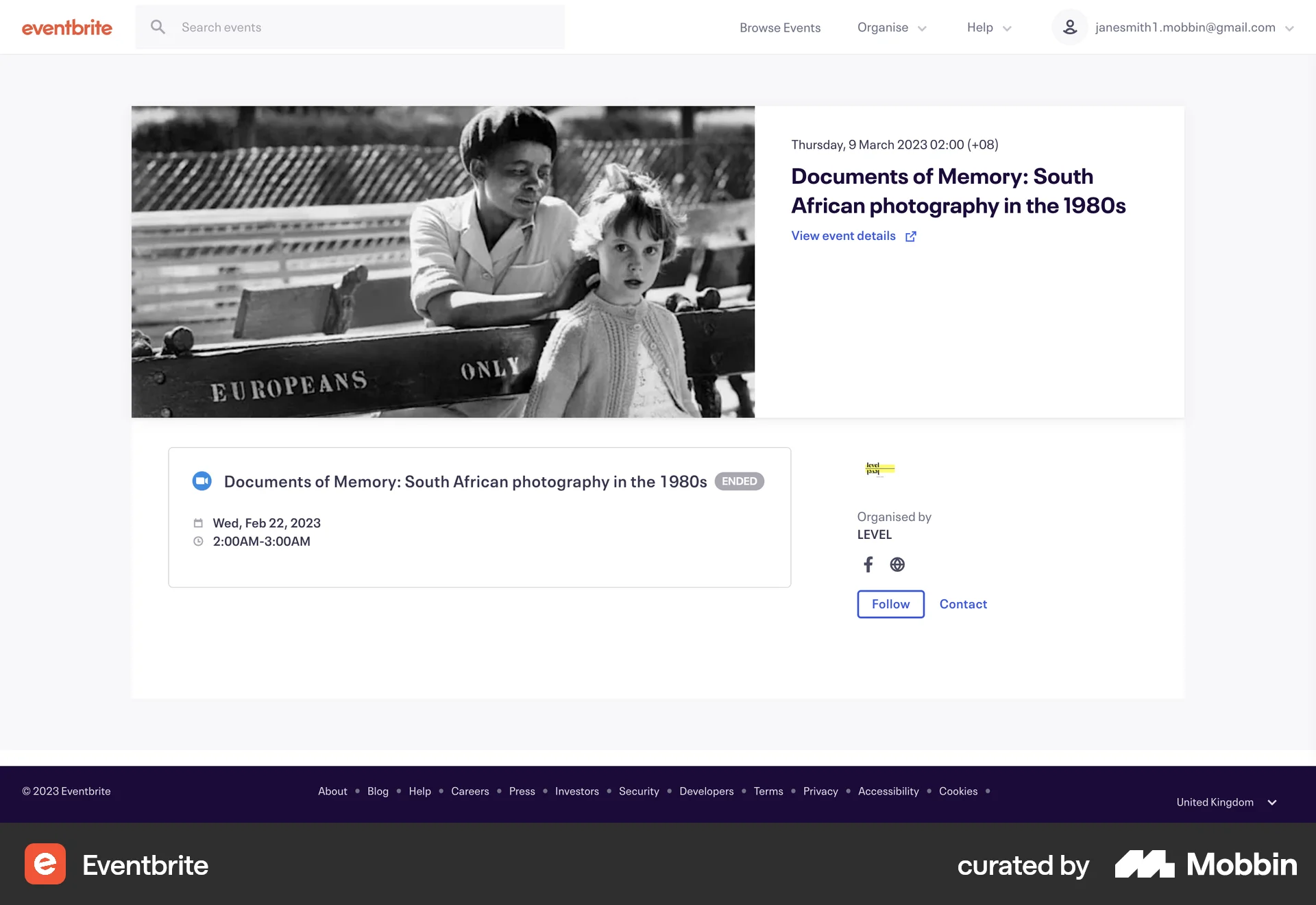 Eventbrite Web Order Detail screen