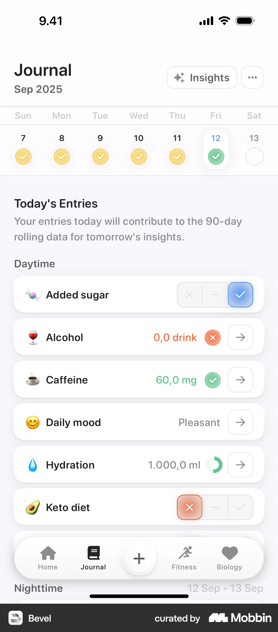 Bevel iOS Calendar screen