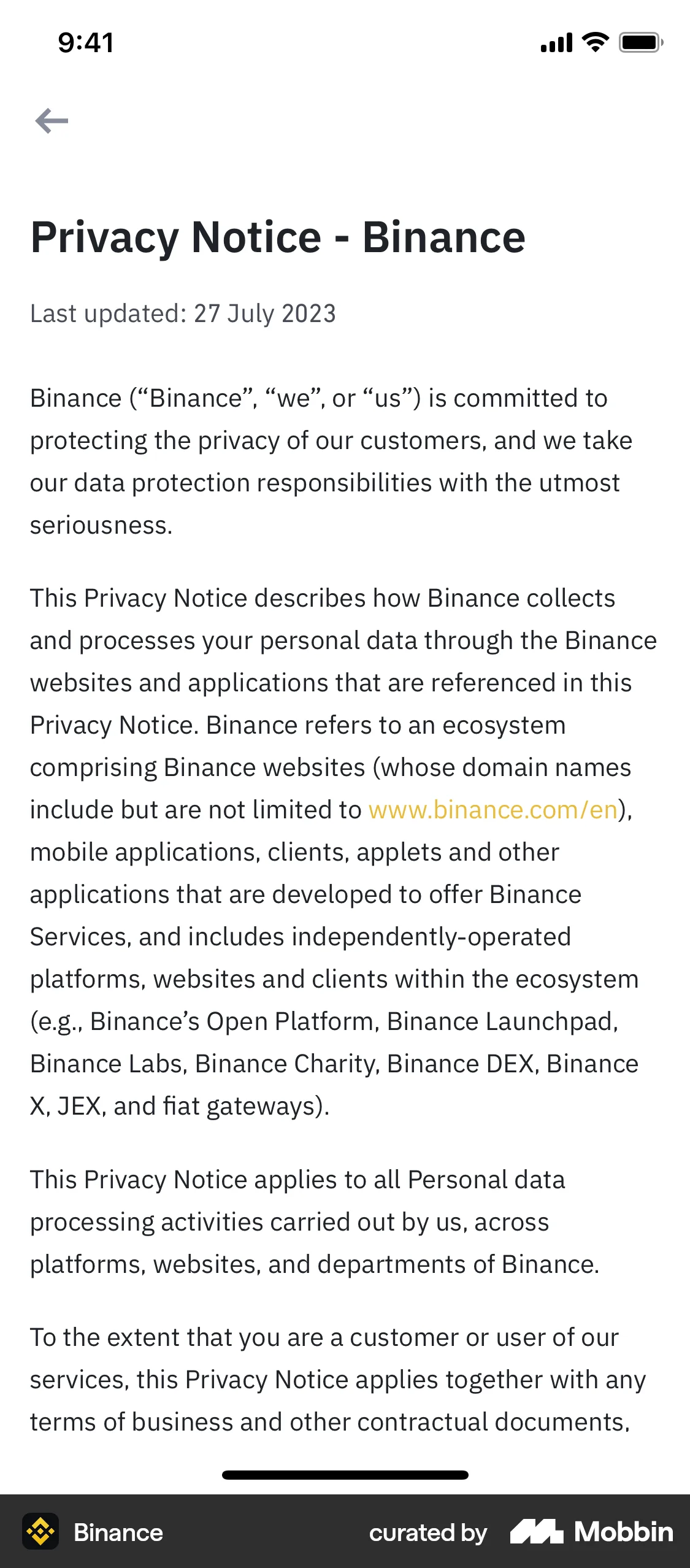 Binance iOS Privacy Policy screen
