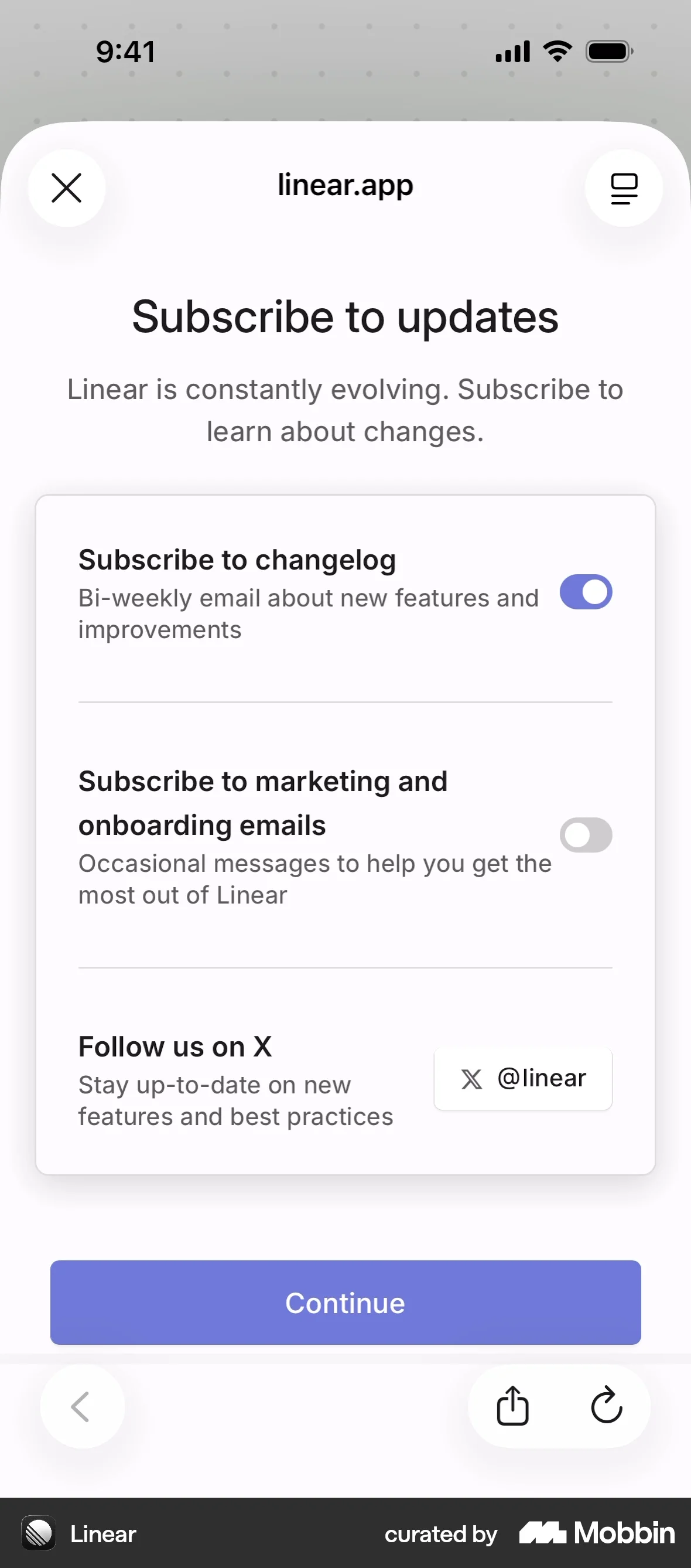 Linear Mobile Onboarding screen