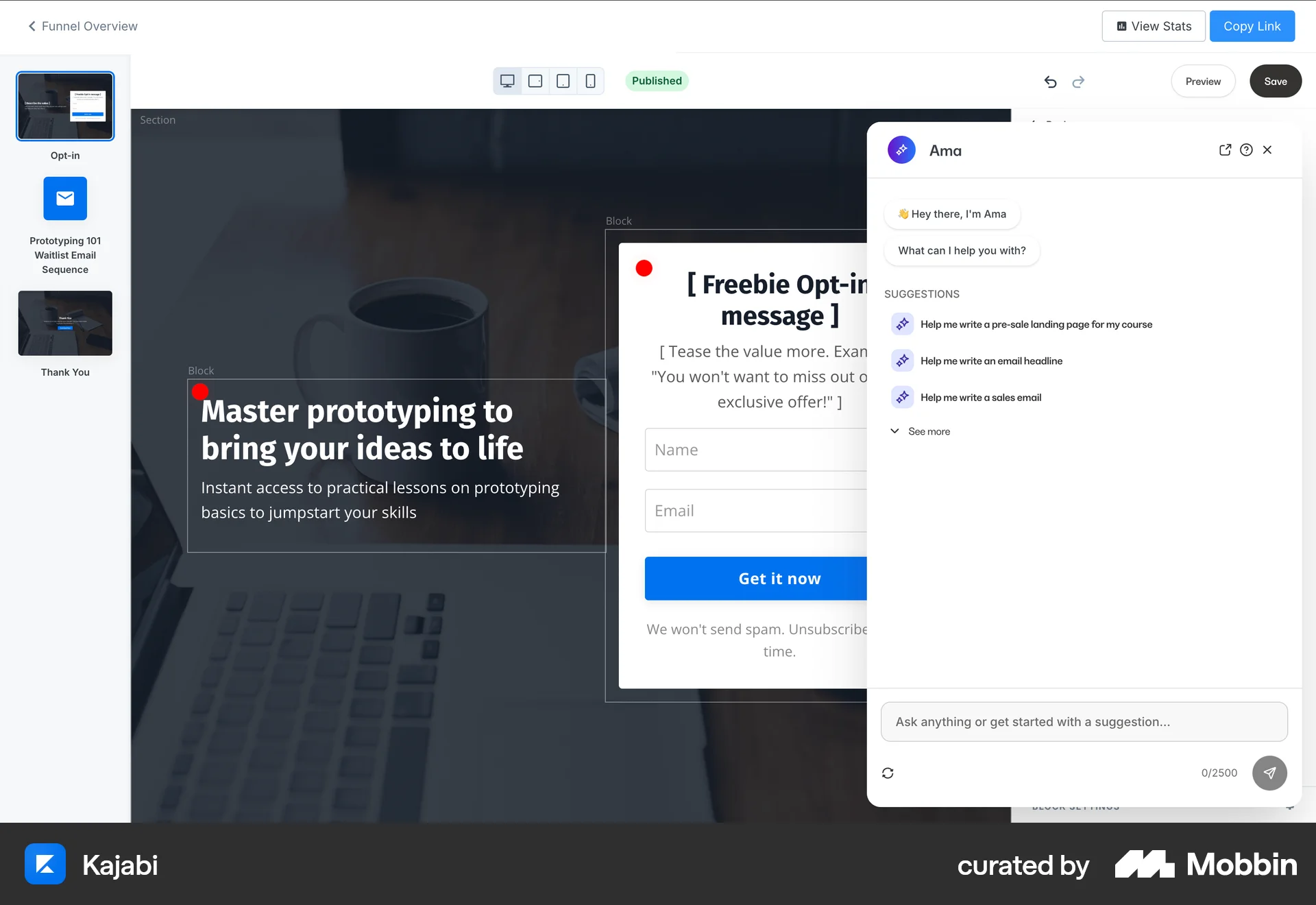 Kajabi Web Chat Bot screen