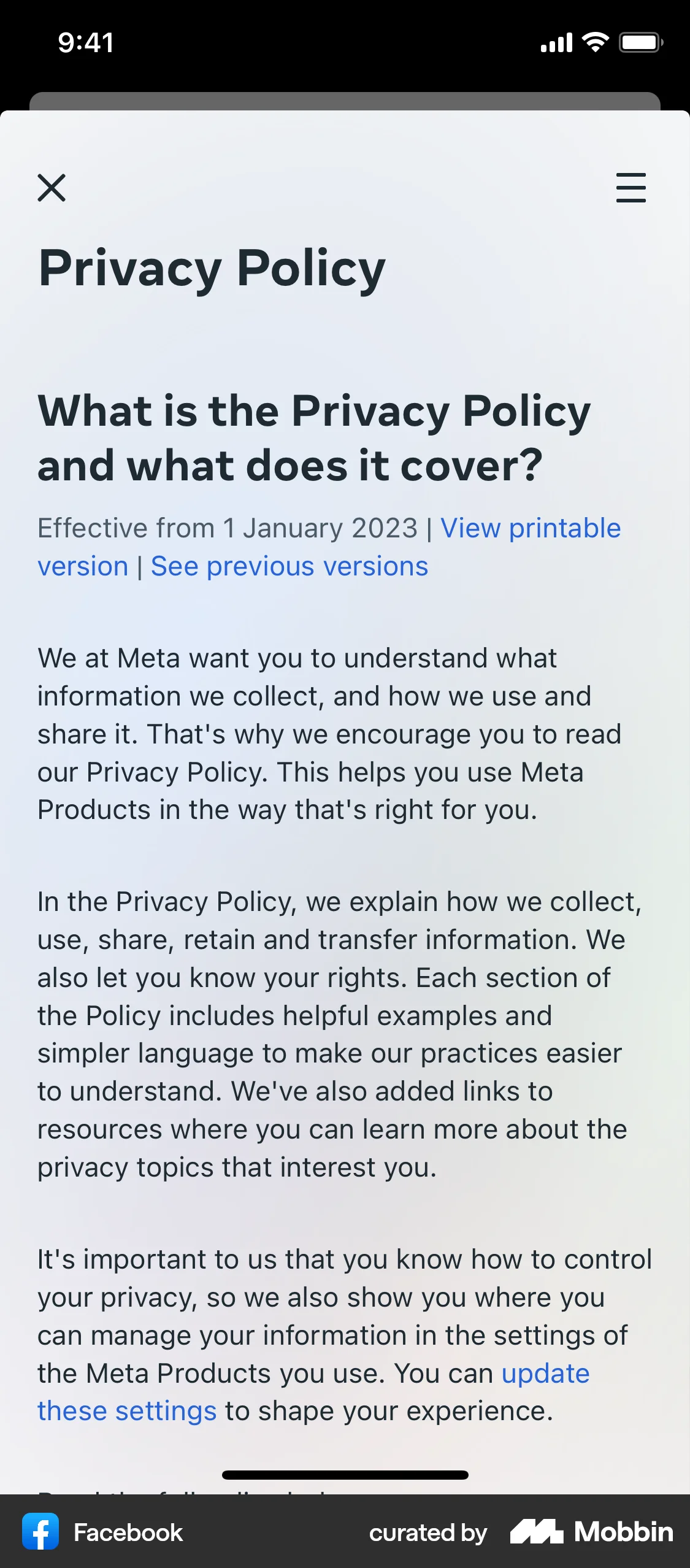 Facebook iOS Privacy Policy screen