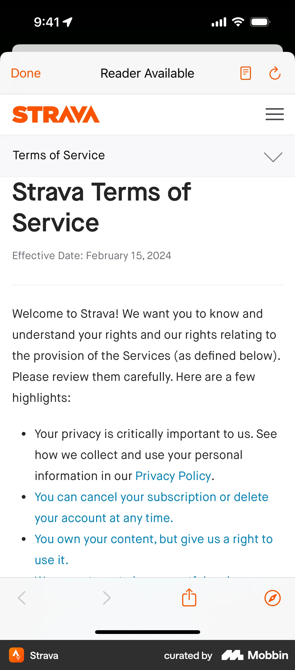 Strava iOS Terms & Conditions screen