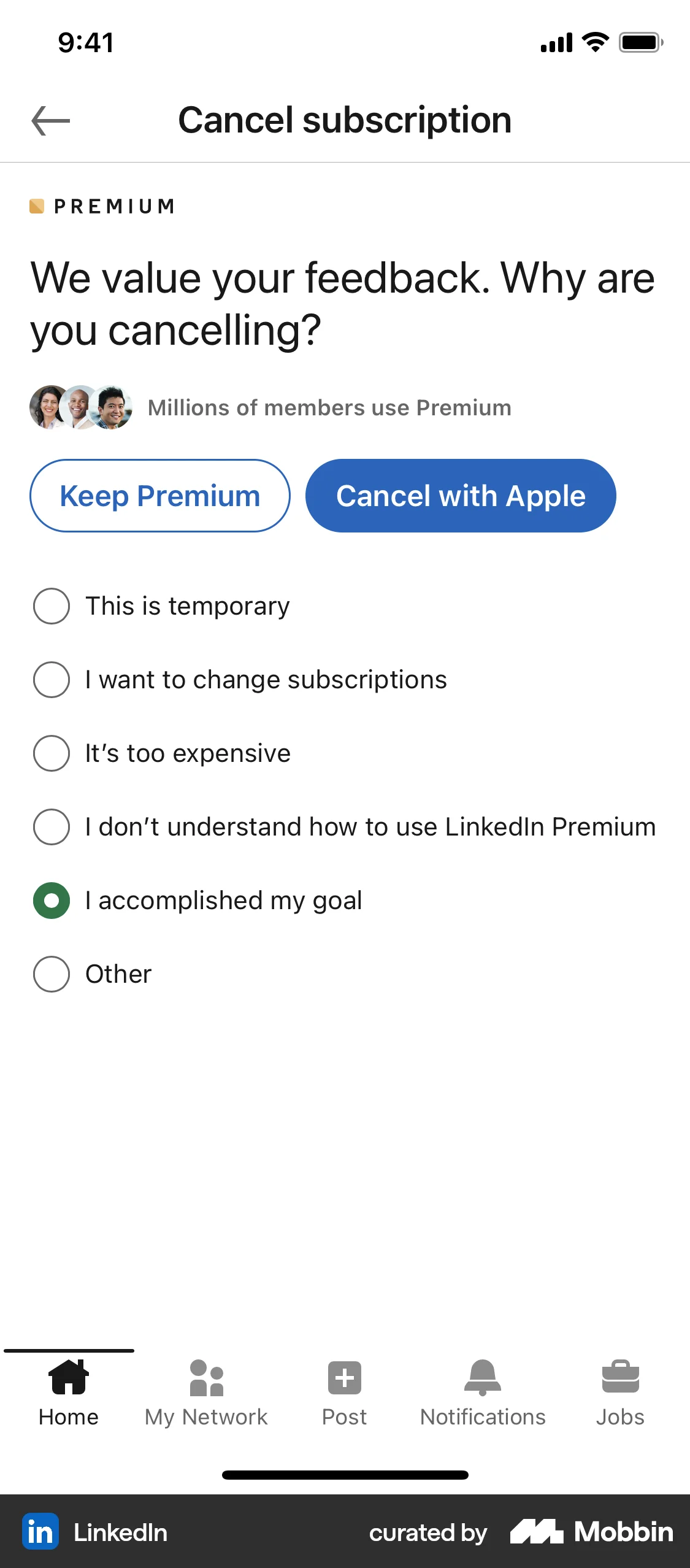 LinkedIn iOS Feedback screen
