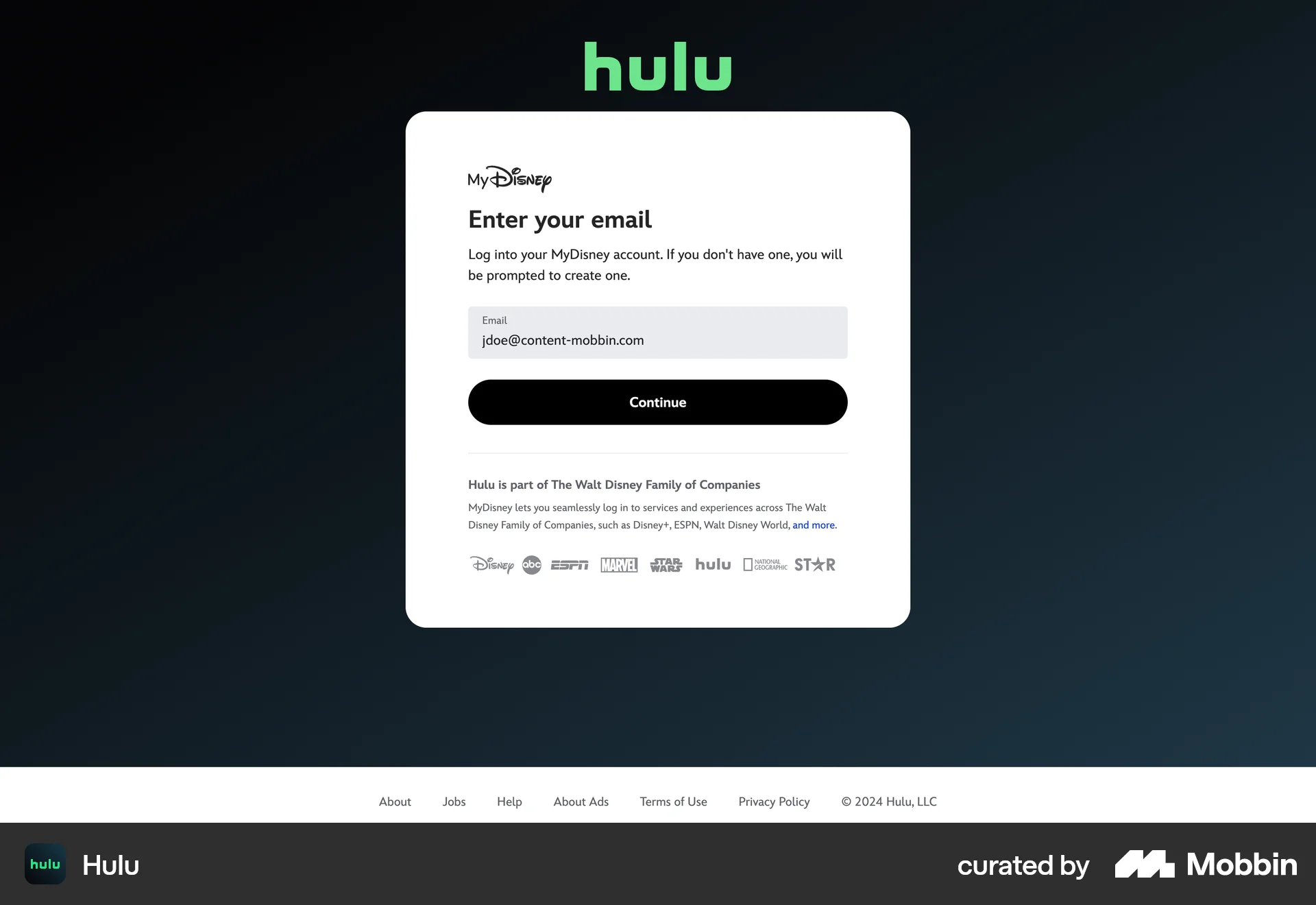 Hulu Web Login screen