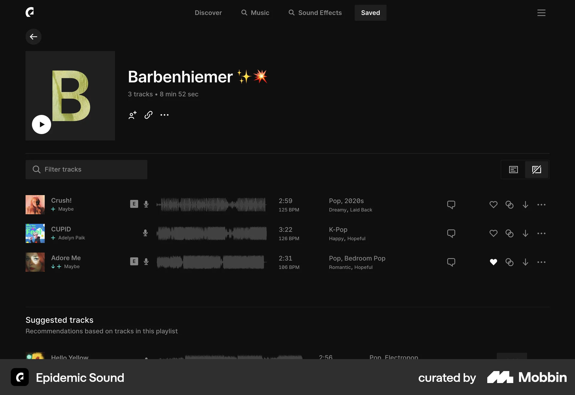 Epidemic Sound Web Playlists screen