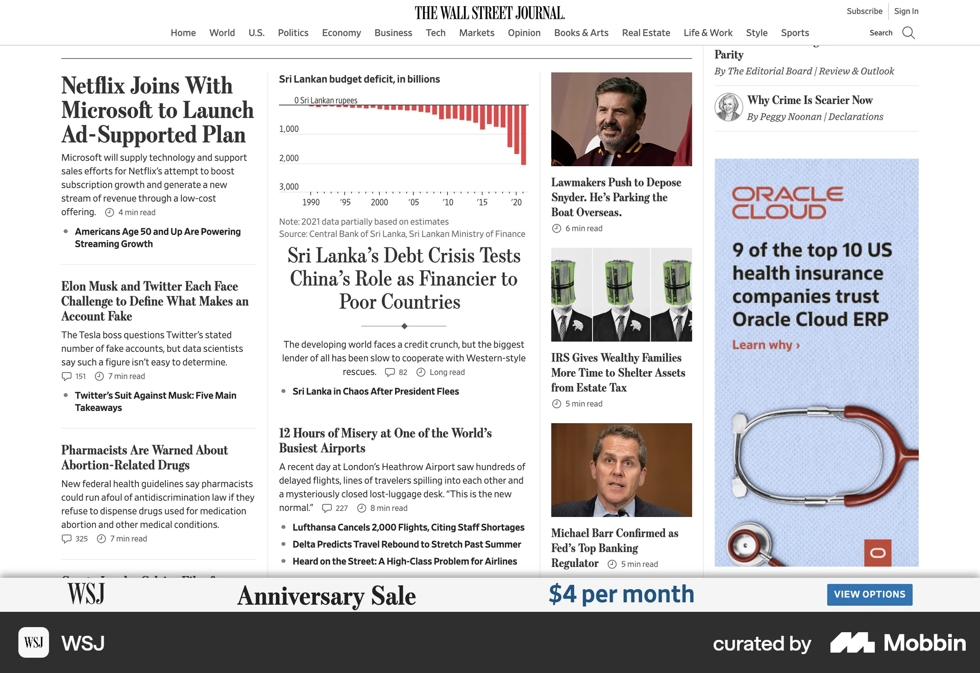 WSJ Web News Feed screen