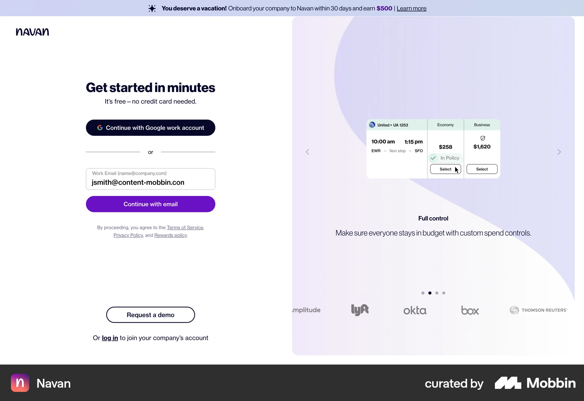 Navan Web Signup screen