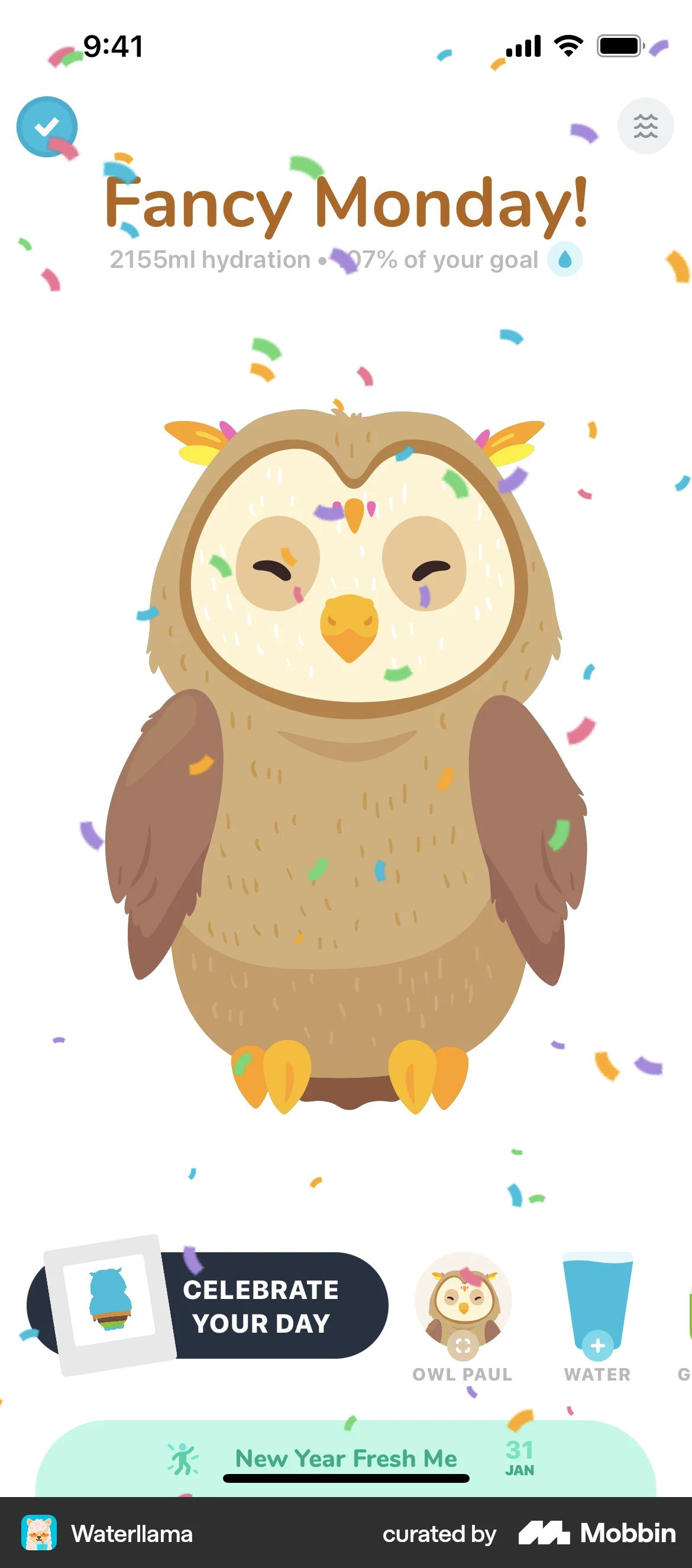 Waterllama iOS Confetti screen