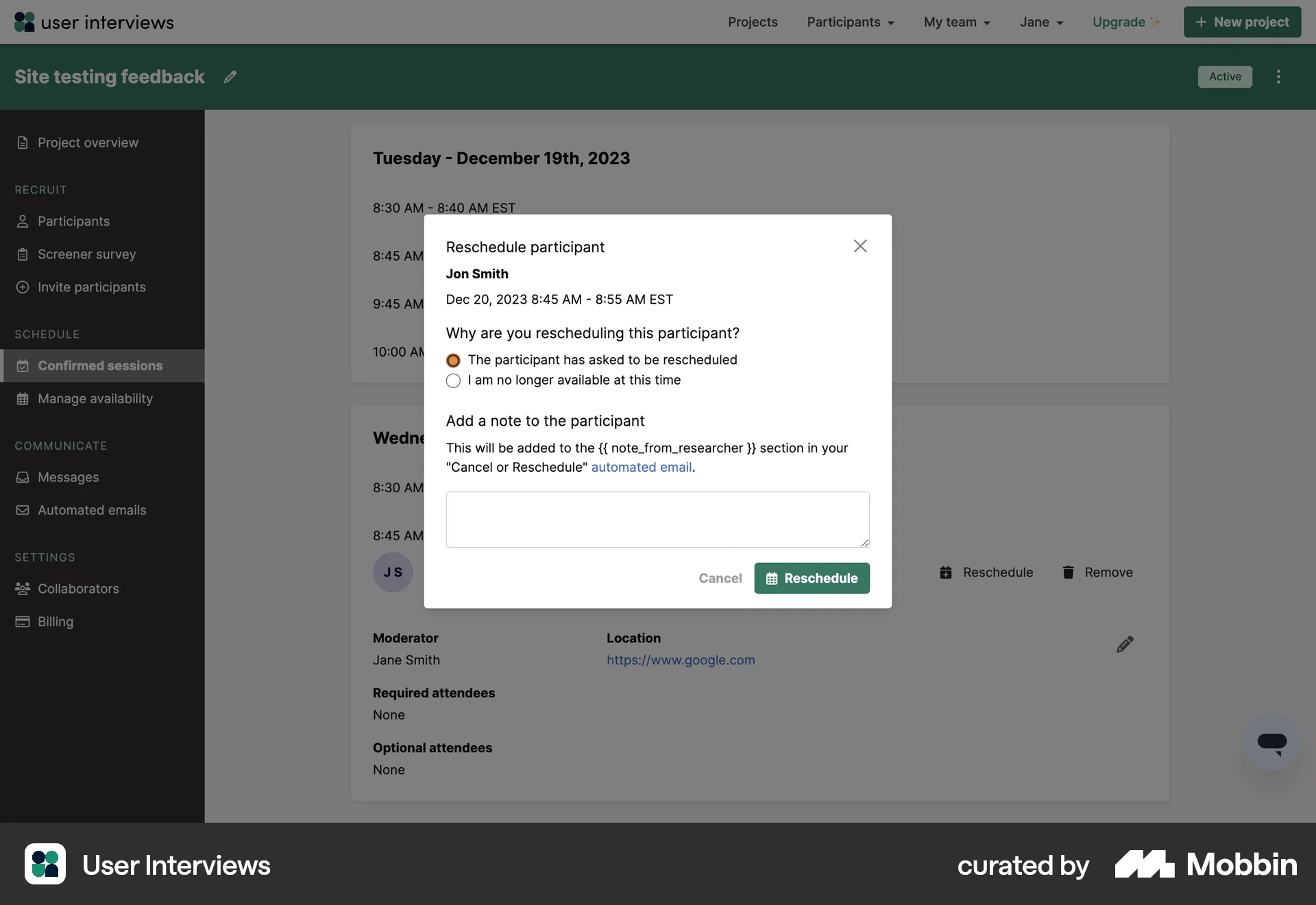 User Interviews Web Schedule screen