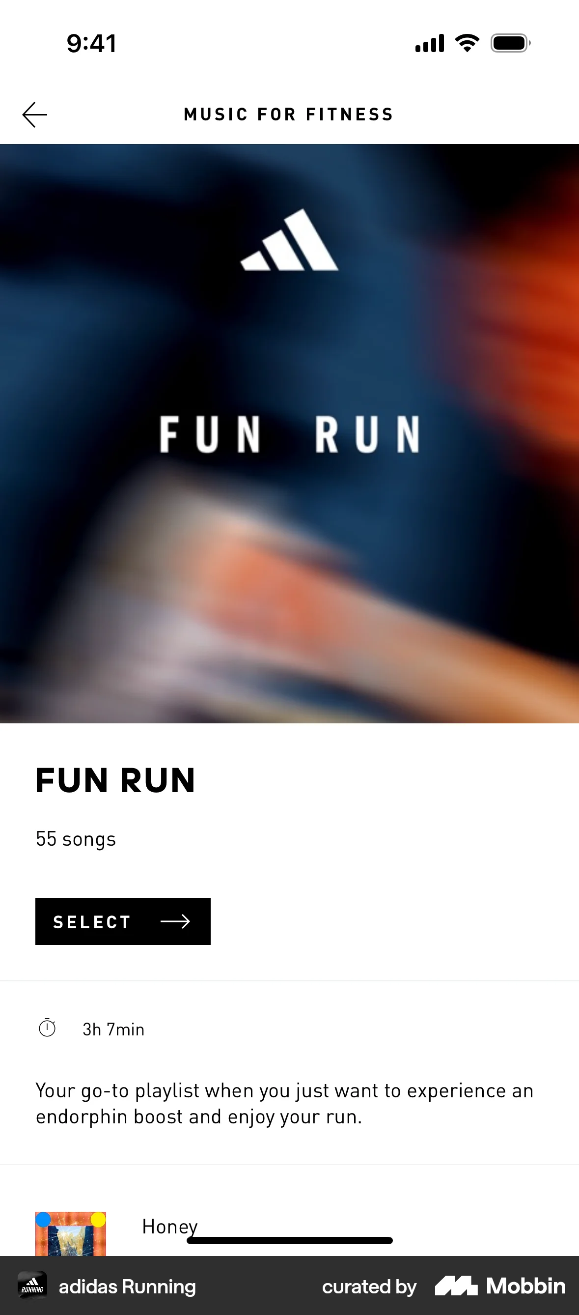 adidas Running iOS Playlists screen