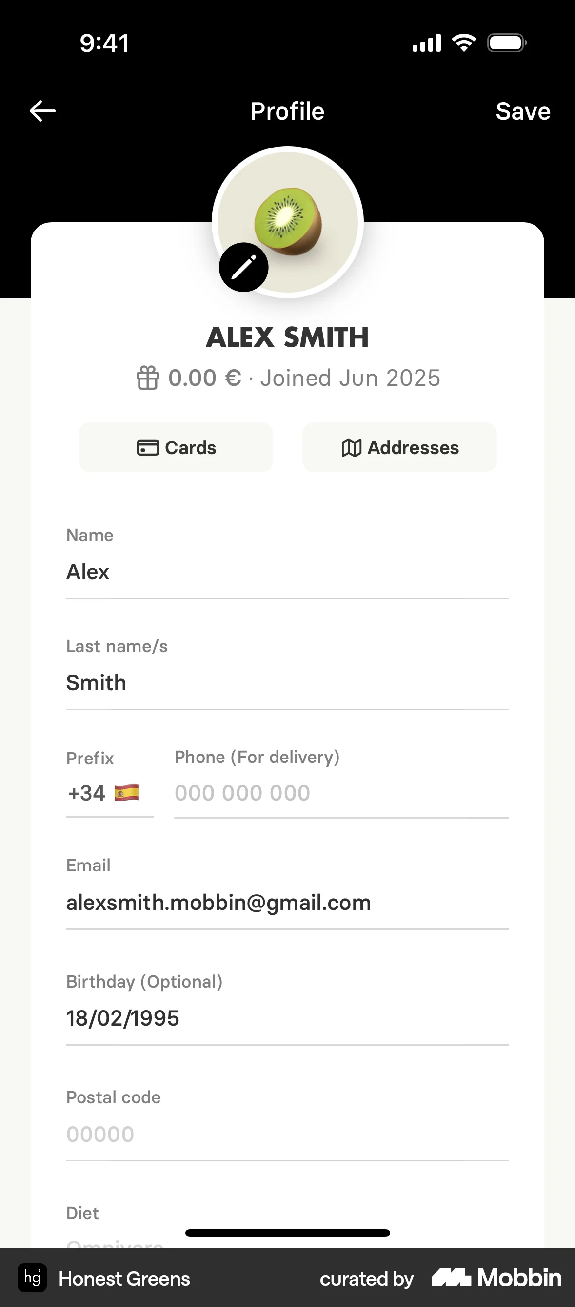Honest Greens iOS screen containing Text Field UI element