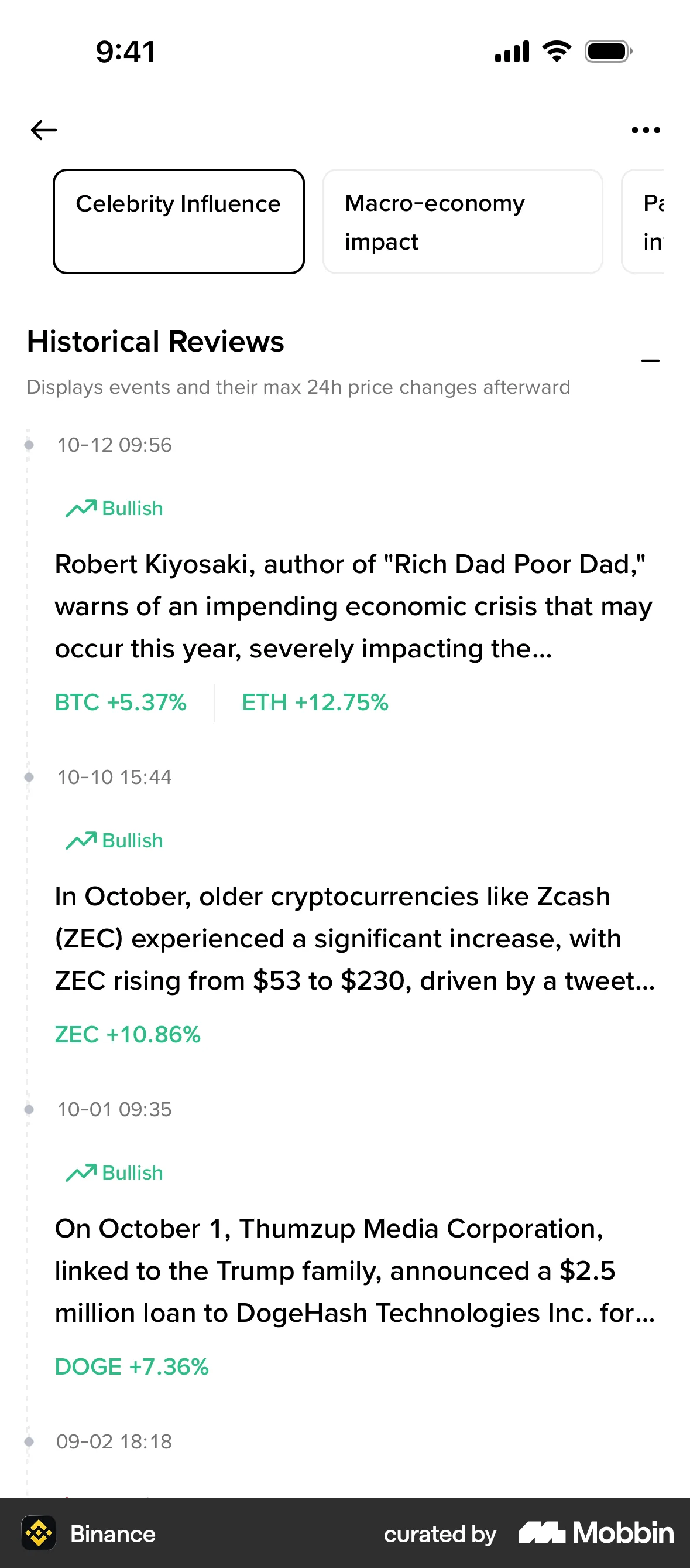 Binance iOS Timeline & History screen
