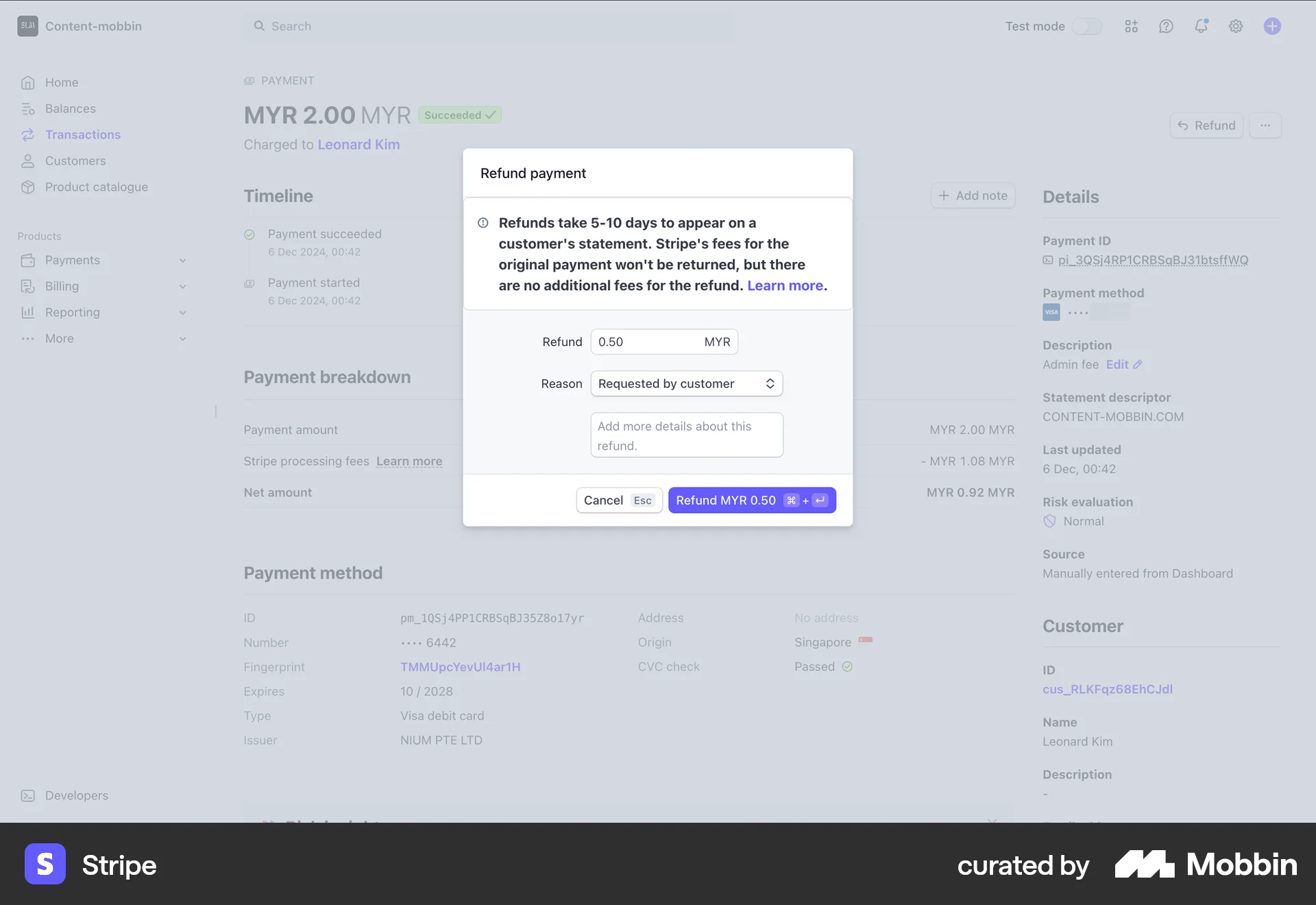 Stripe Web Transfer & Send Money screen