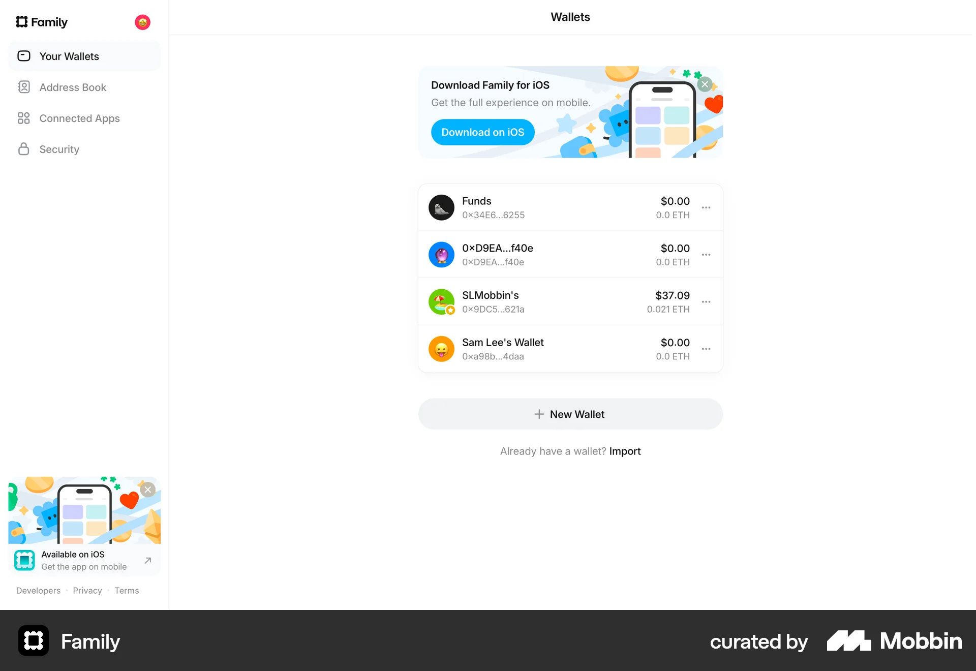 Family Web Wallet & Balance screen