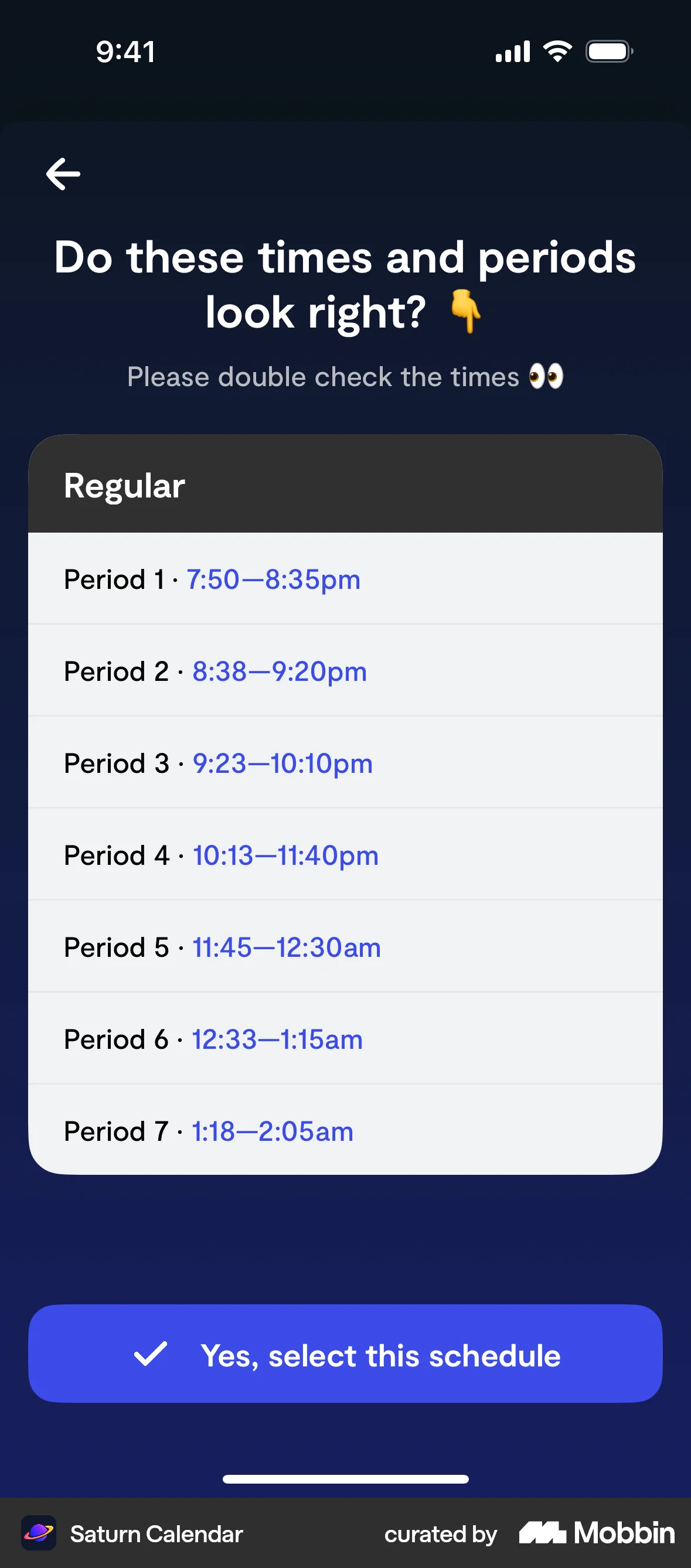 Saturn Calendar iOS Confirmation screen