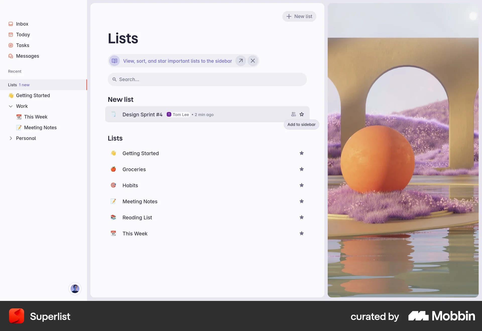 Superlist Web Favorite & Pin screen