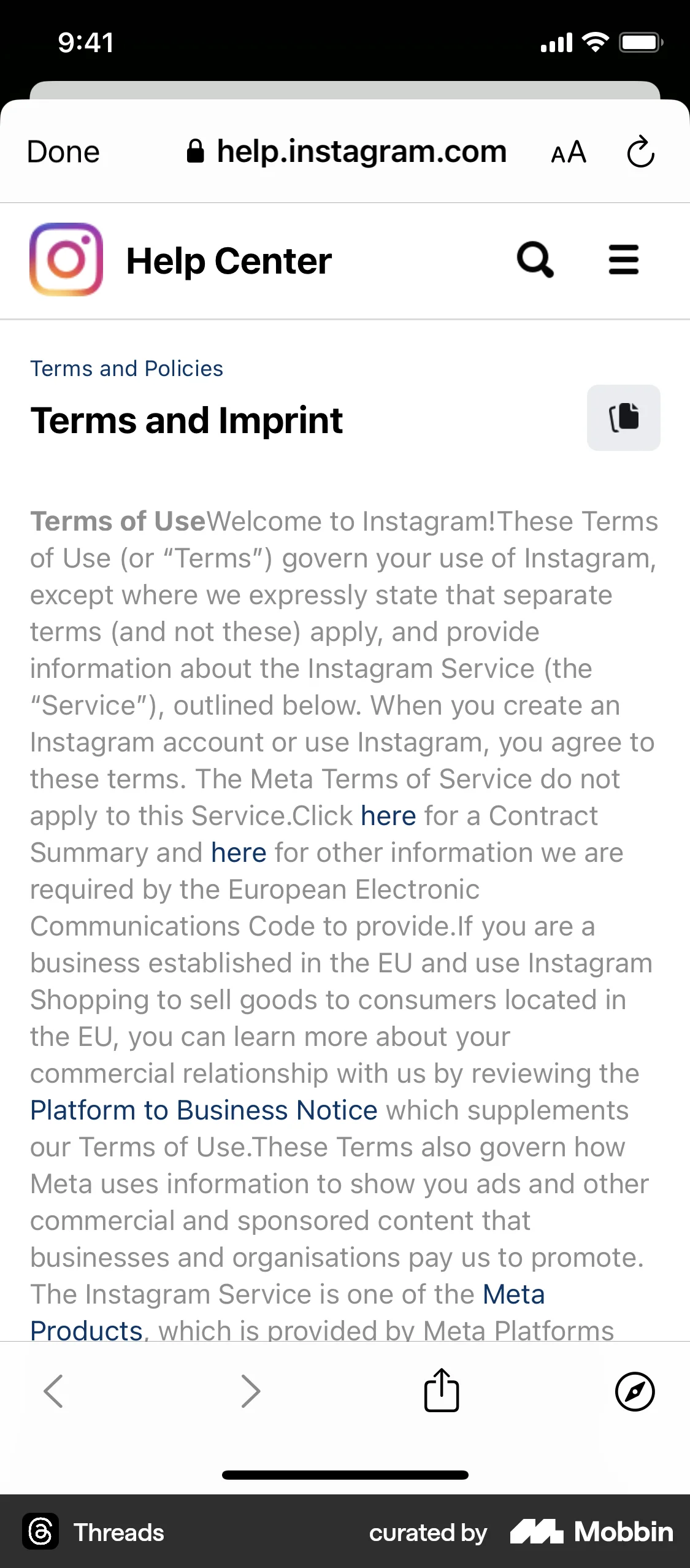 Threads iOS Terms & Conditions screen