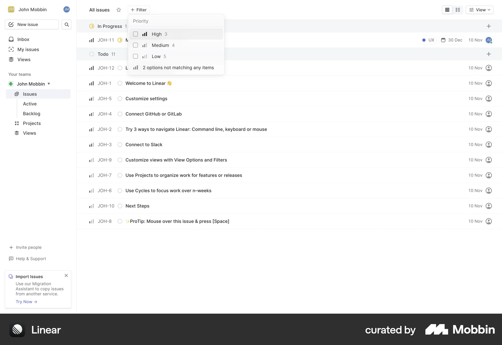 Linear Web screen containing Combobox UI element