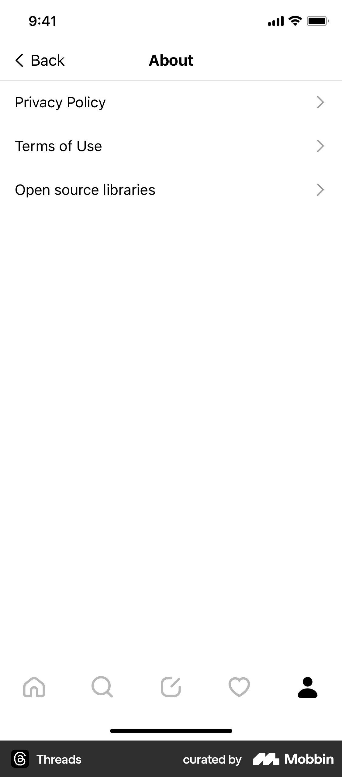 Threads iOS About screen