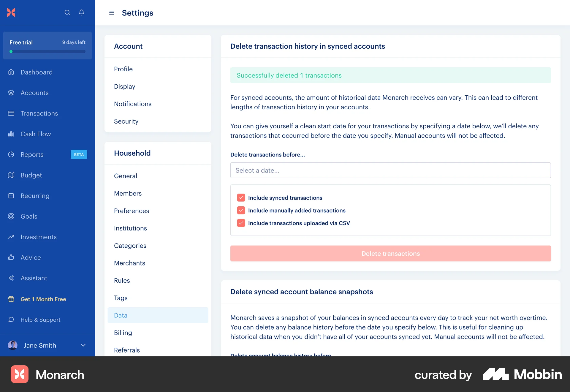 Monarch Web Delete screen