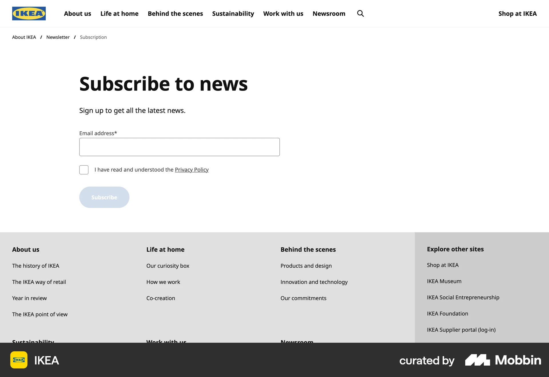 IKEA Web Follow & Subscribe screen