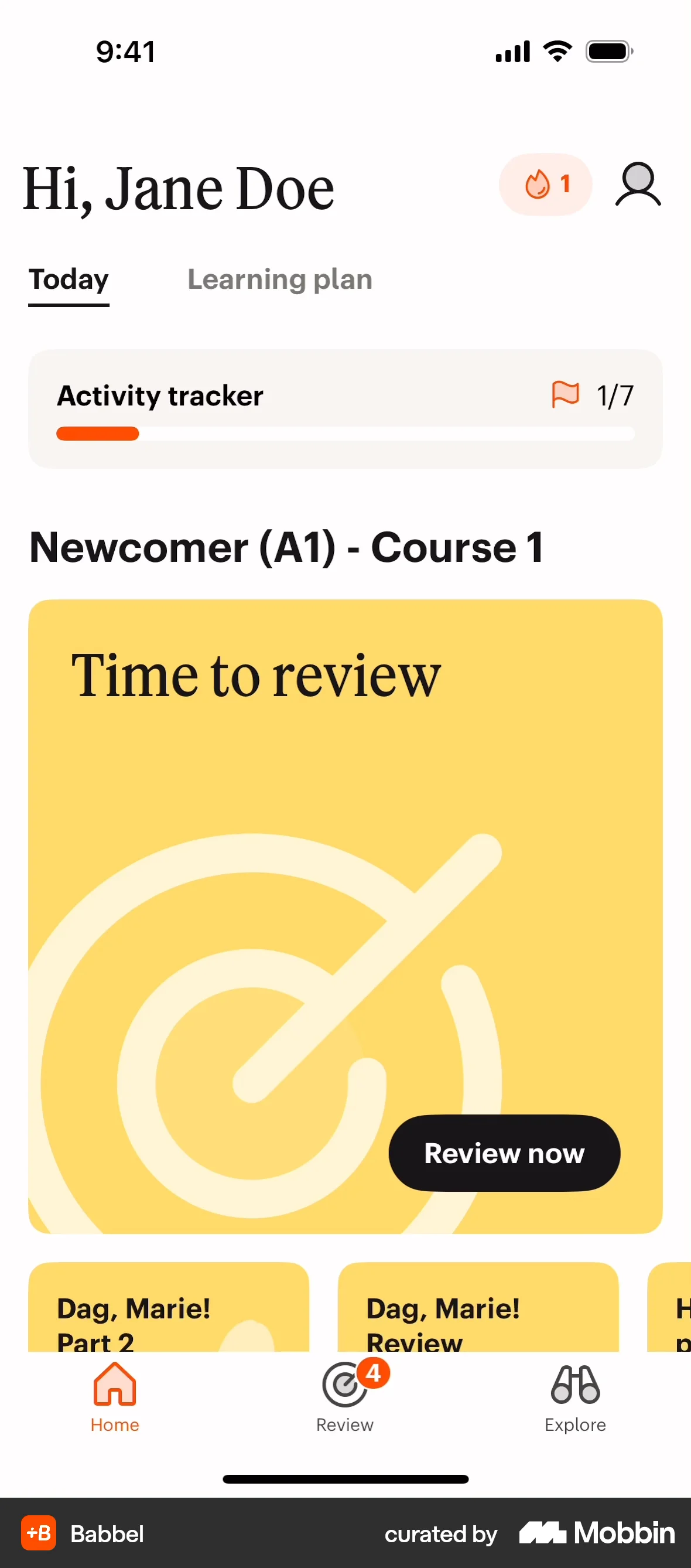 Babbel iOS screen containing Tab UI element